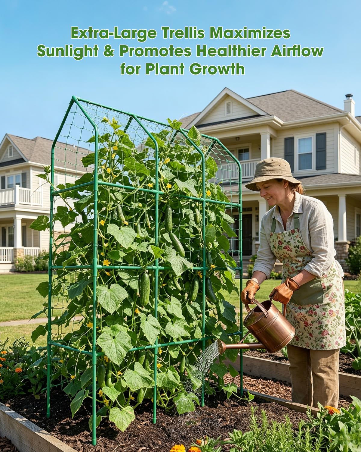 65" Cucumber Trellis for Climbing Plants Outdoor, Metal Garden Trellis for Raised Bed, Plant Support Structures with Netting for Cucumbers Tomatoes Beans Peas (50 * 17 * 65inch(L*W*H), Trellis)