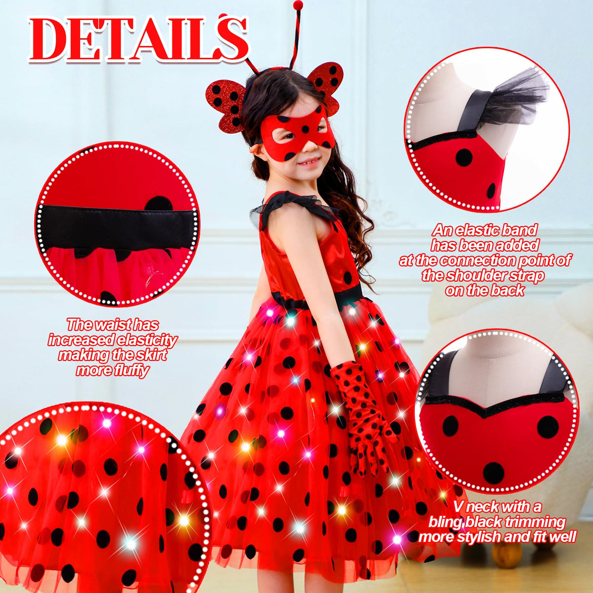CIYTI Girls Light up Ladybug Costume, Light Up Princess Costume Dress Kid Toddler Princess Dress Halloween Christmas Dress Up Children Clothing (5-6 Years)