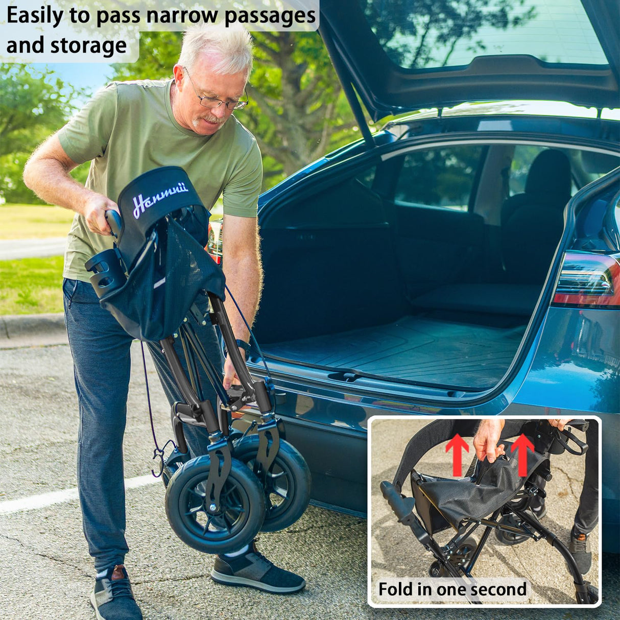 Henmnii Rollator Walker for Seniors, Lightweight Foldable All Terrain Rolling Walker with seat, Aluminum Walkers with 10 inch Rubber Wheels, Handles and Backrest for Seniors and Adult