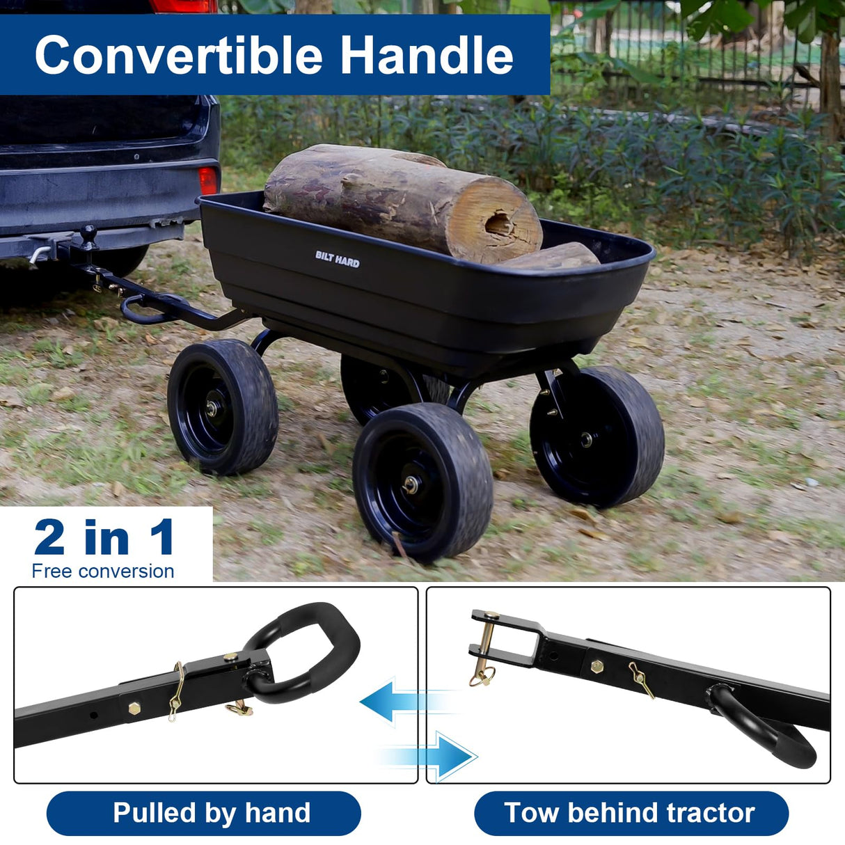 BILT HARD 7 Cu Ft Poly Garden Dump Cart 1200 lbs with No Flat Tires, Quick Release, 2-in-1 Convertible Handle, Dump Wagon Heavy Duty for Yard, Outdoor