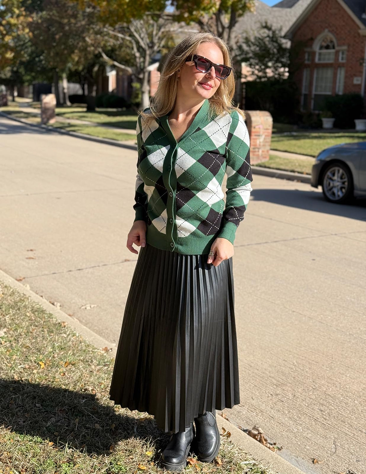 GRACE KARIN Button Up Cardigans for Women Vintage Long Sleeve Knit Cardigan Lightweight V Neck Sweaters Christmas Sweaters for Women (Green White,XL)