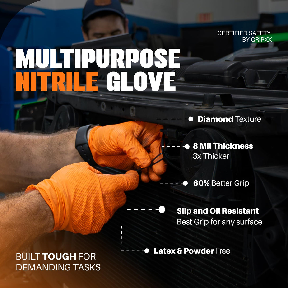 GRIPXX Herkules Grip Heavy Duty 8Mil Orange Nitrile Gloves,3D Raised Diamond Texture-Latex & Powder Free-Industrial, Mechanic (1, Large)