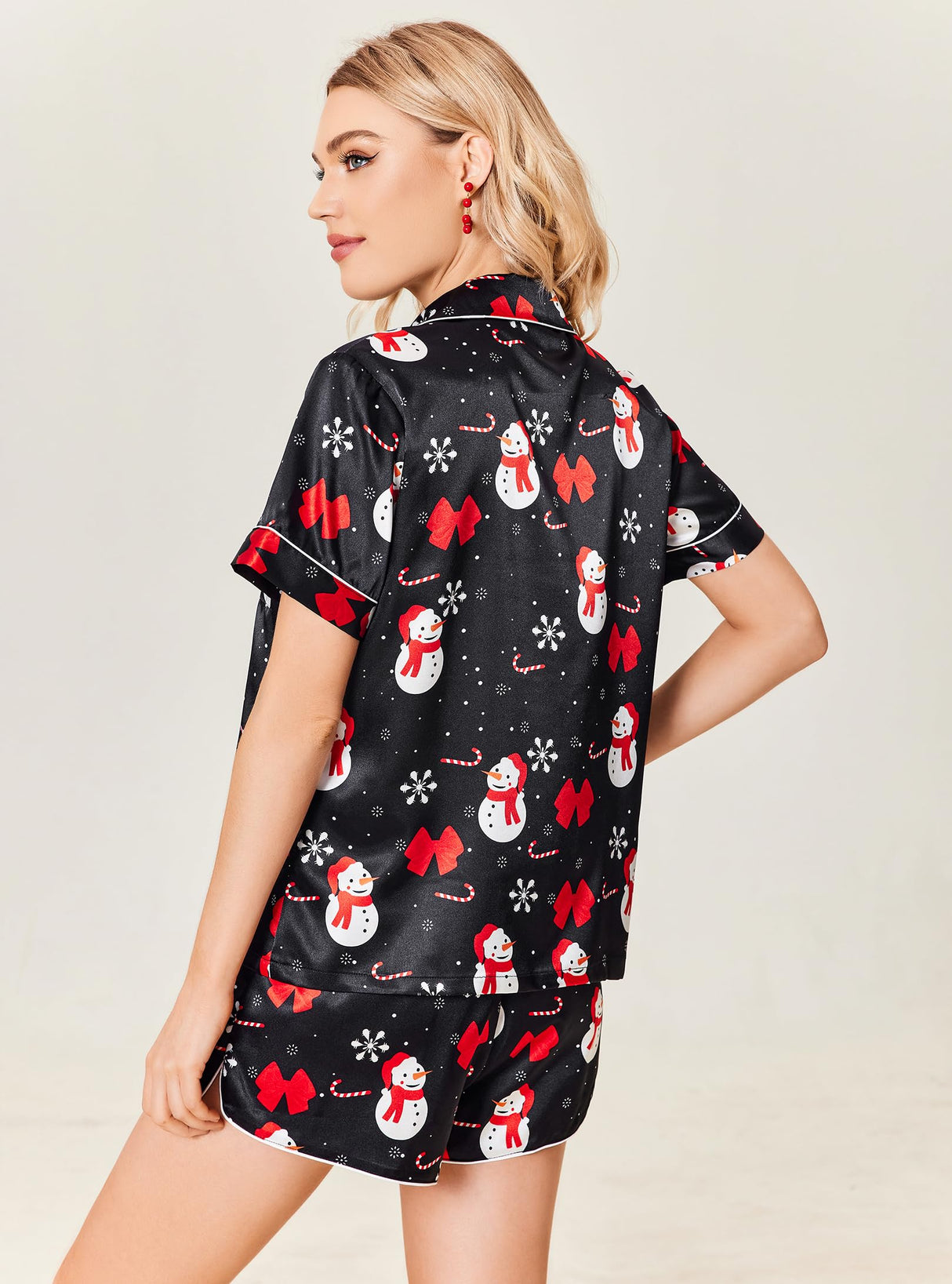 Ekouaer Womens Silk Satin Pajamas Set Short Sleeve Sleepwear Button Down Loungewear 2 Piece Pjs Shorts Set Christmas Snowman Small