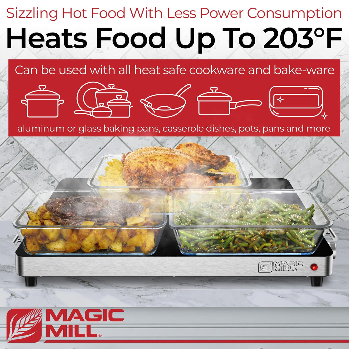 Magic Mill Premium-Grade Glass Food Warmer for Parties Buffet, XL Stainless Steel Modern Electric Warming Tray, Adjustable Temperature Control, Advanced Precision-Engineered Heating System Size-21x16