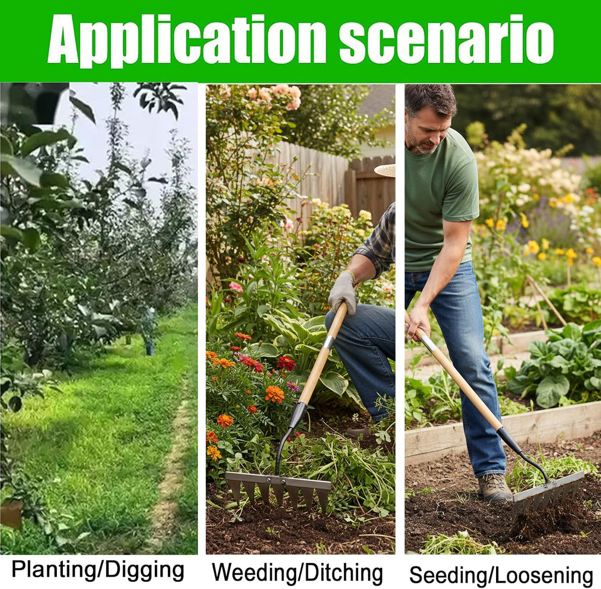 Garden Weeding Rake, Heavy Duty Iron Weeding Rake Gardening Tool with 55 Inch Long Handle, All-Steel Hardened Weed Puller Tool, Manual Garden Weed Rake Tool for Yard, Lawn Loosening Planting Weeding