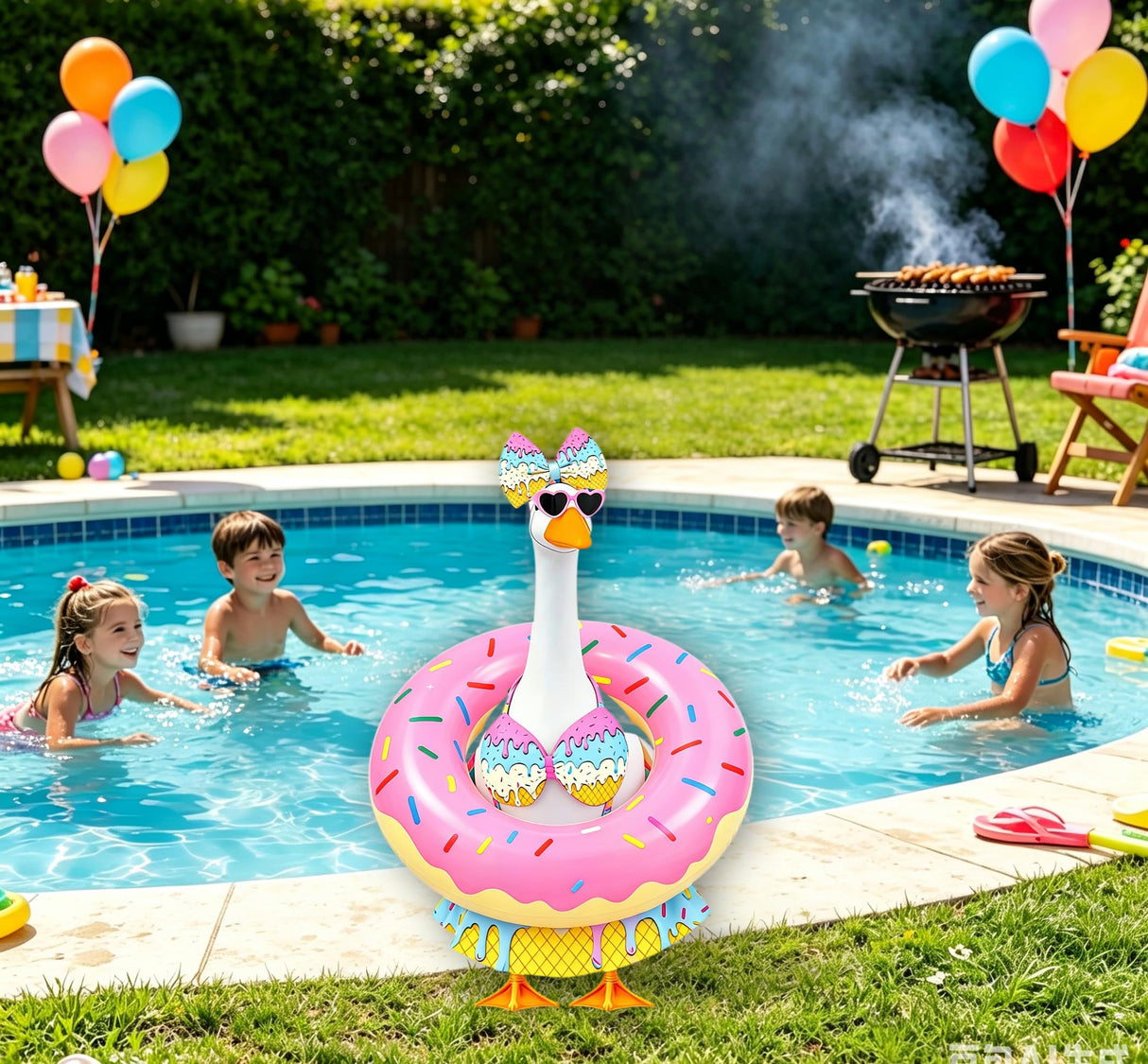 Porch Goose Outfits Summer Swimsuit - 5-Piece Ice Cream Theme Large Lawn Goose Clothes with Bikini, Bow Headband, Star Sunglasses, Swim Ring & Pump, Outdoor Yard Decor (Girlfriend Theme)
