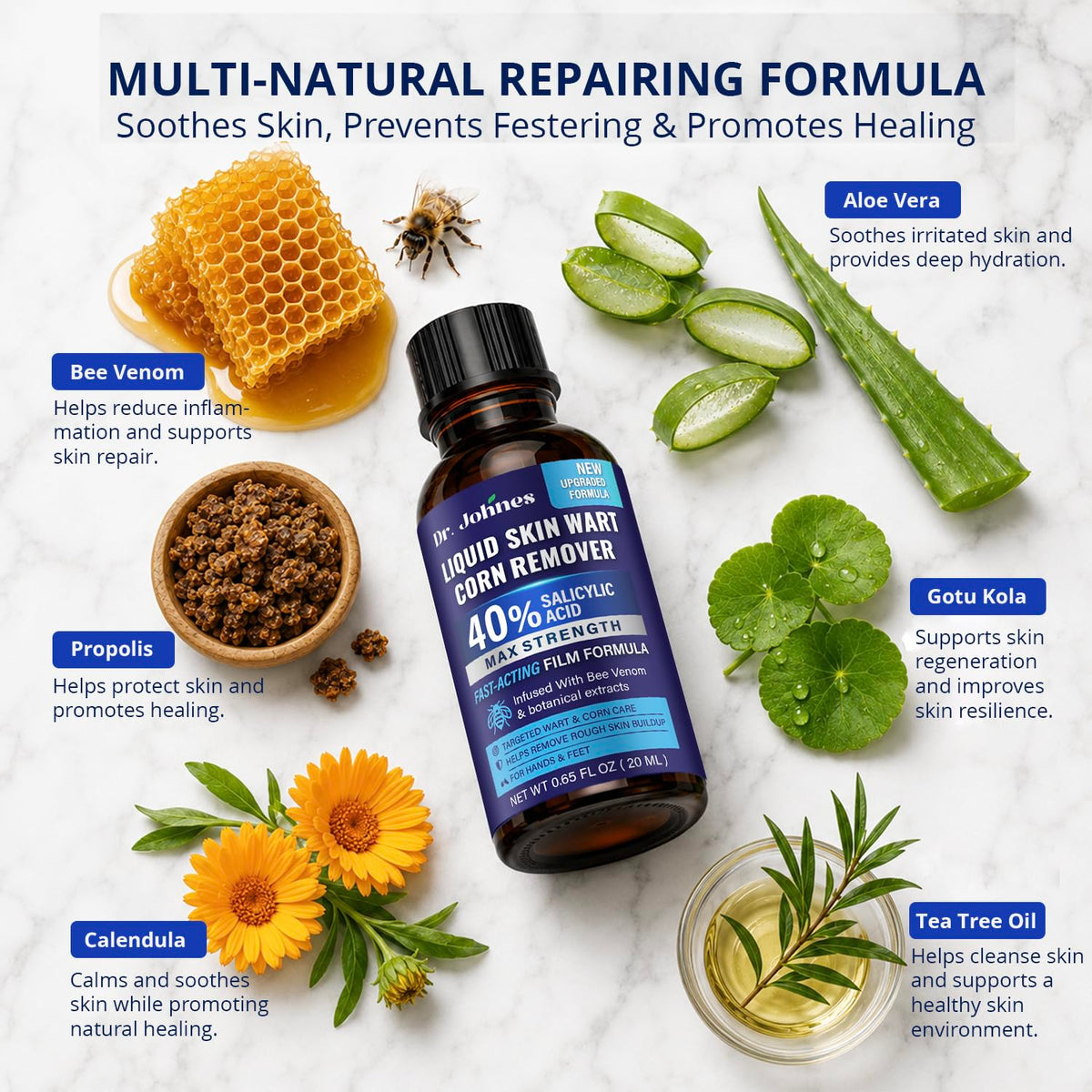 Dr.Johnes Fast-Acting Wart Remover Liquid: 40% Salicylic Acid Maximum Strength Plantar Wart and Corn Remover with Bee Venom for Hands, Feet and Toes