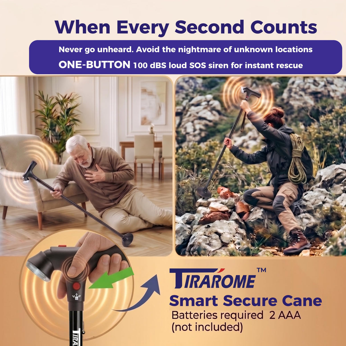 Walking Cane for Men & Women, 3-in-1 Folding Cane with Alarm and Light, Adjustable, Collapsible Walking Stick for Seniors and Adults Balance with a Second Handle