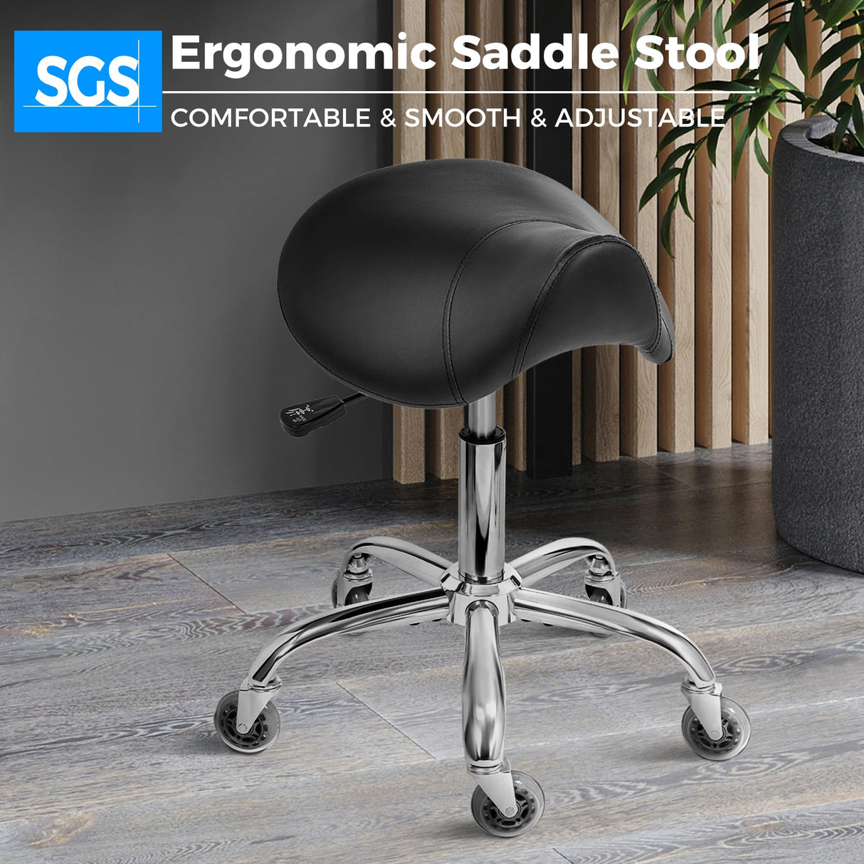 BEWISHOME Saddle Stool with Wheels, Swivel Adjustable Rolling Stool,Heavy Duty PU Leather Wide Thick Seat Padding Ergonomic Chair for Beauty Salon Spa Clinic(Black) BMD01B