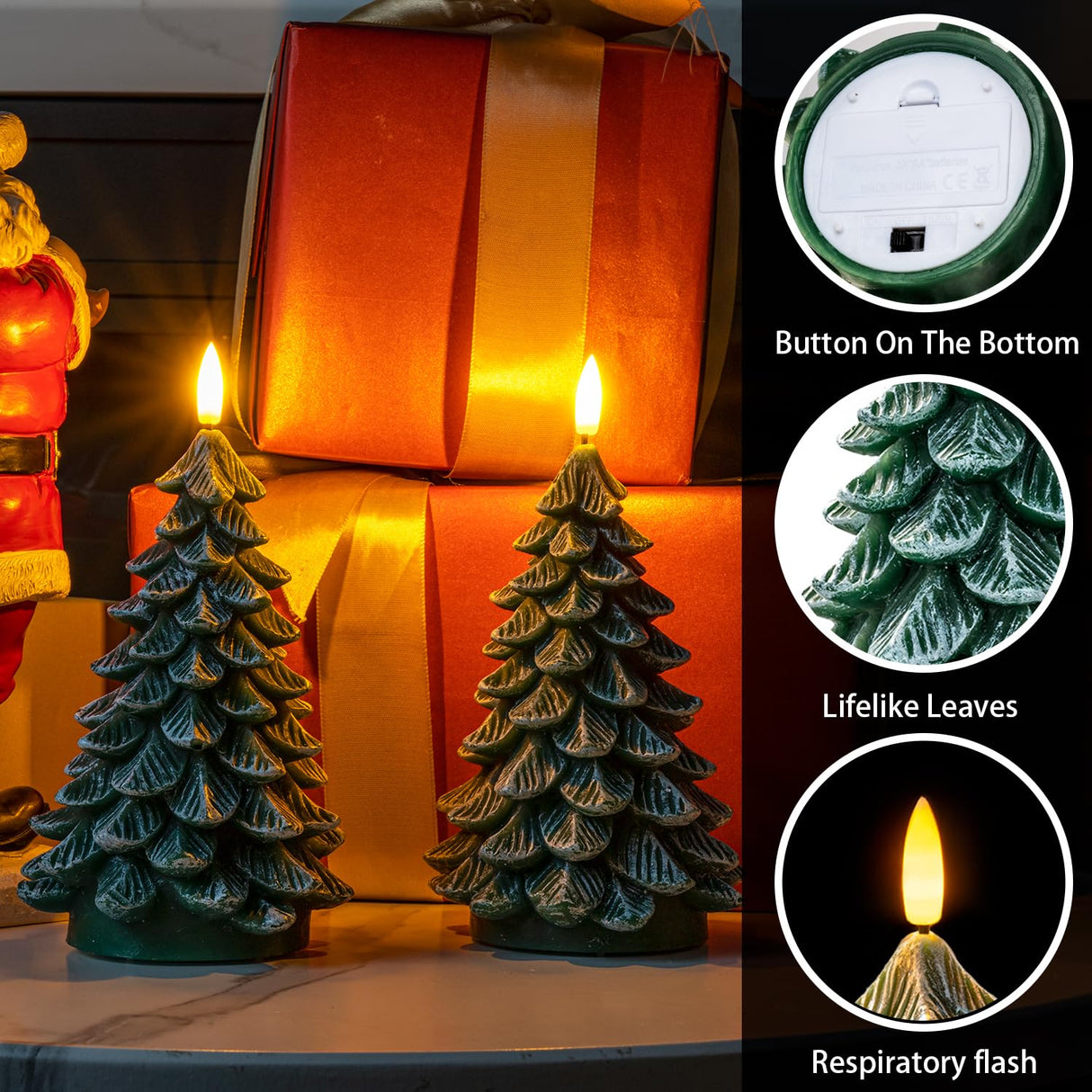 Homemory Christmas Tree Candles with 6 Hours Timer, 2 Pcs Waxy LED Flameless Candles Flickering, Green Electric Candles Battery Operated for New Year Celebration Holiday Decorations 8.5 Inches