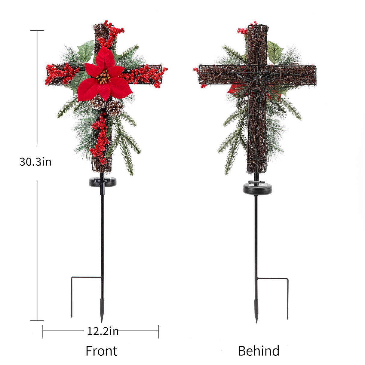SOWSUN Solar Christmas Decorations Outdoor LED Lights, Xmas Waterproof Cross Stake, Cemetery Grave Decorations,Faux Pine Cones and Foliage Ornament Stakes for Garden Lawn Yard Cemetery, Set of 2