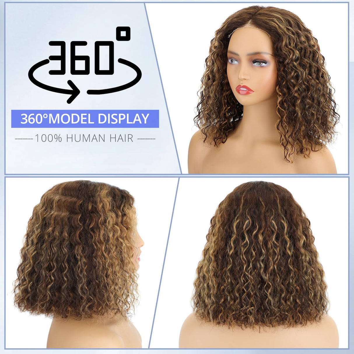 Eyefanniy Glueless Wigs Human Hair pre plucked Pre Cut Blonde Highlights Short Curly Bob Lace Front Wigs for Black Women 4x4 Lace Closure Wig with Elastic Band for Beginners 10 Inch