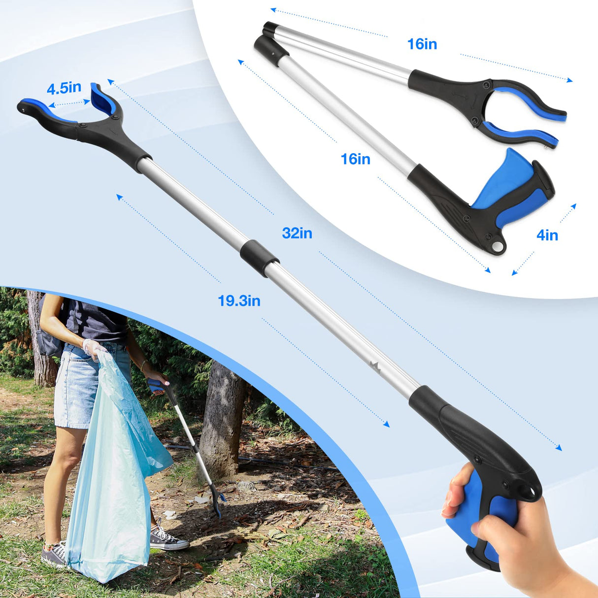 2-Pack Grabber Tool, 32" Long Reacher Grabber Pickup Tool with Magnetic Tip, Trash Picker for Elderly Grab It Reaching Tool, Garbage Picker Upper, Litter Pick Up Grab, Claw Grabber Stick