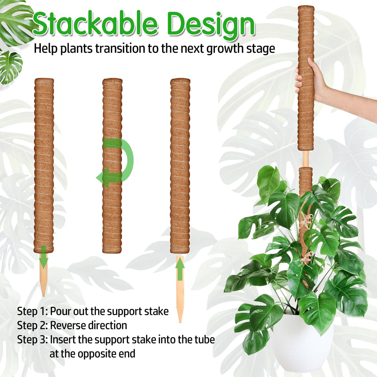 ROADPLUM 102 Inch Moss Pole for Plants Indoor (2*21.7", 2*16.5", 2*12.6") 6Pcs Coco Coir Pole Monstera Plant Support Pole for Plants Climbing with 65.6ft Twist Tie, Plant Tie and Jute Rope for Potted