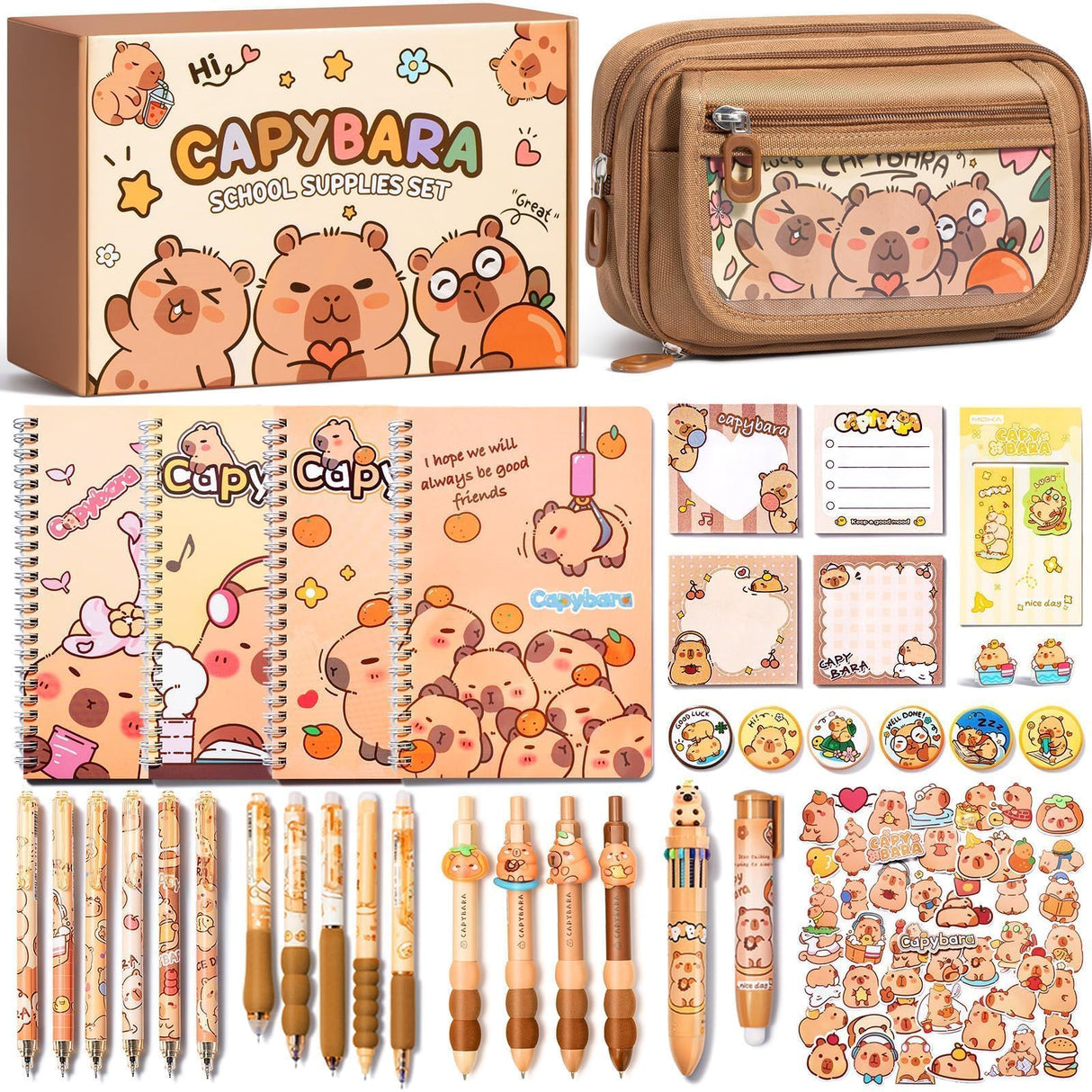 Fimibuke Kids School Supplies for Girls, 36PCS Cute Capybara Stationery Set with Pencil Case Gel Pens Pencils Stickers Notebooks Sticky Note Kawaii Birthday Christmas Gifts for Kindergarten Elementary