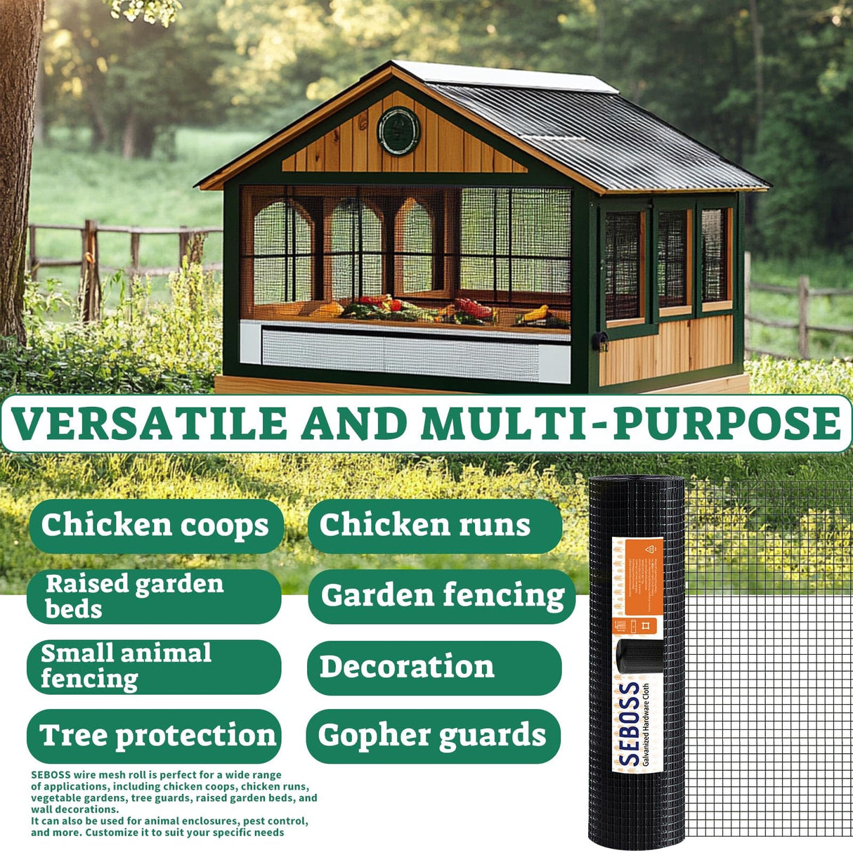 SEBOSS Black Hardware Cloth 1/4 inch 48 x 100 Ft 23-Gauge, Vinyl Coating Chicken Wire Fencing, Chicken Wire Mesh Roll, Garden Fencing and Durable Outdoor Wire Cloth Applications