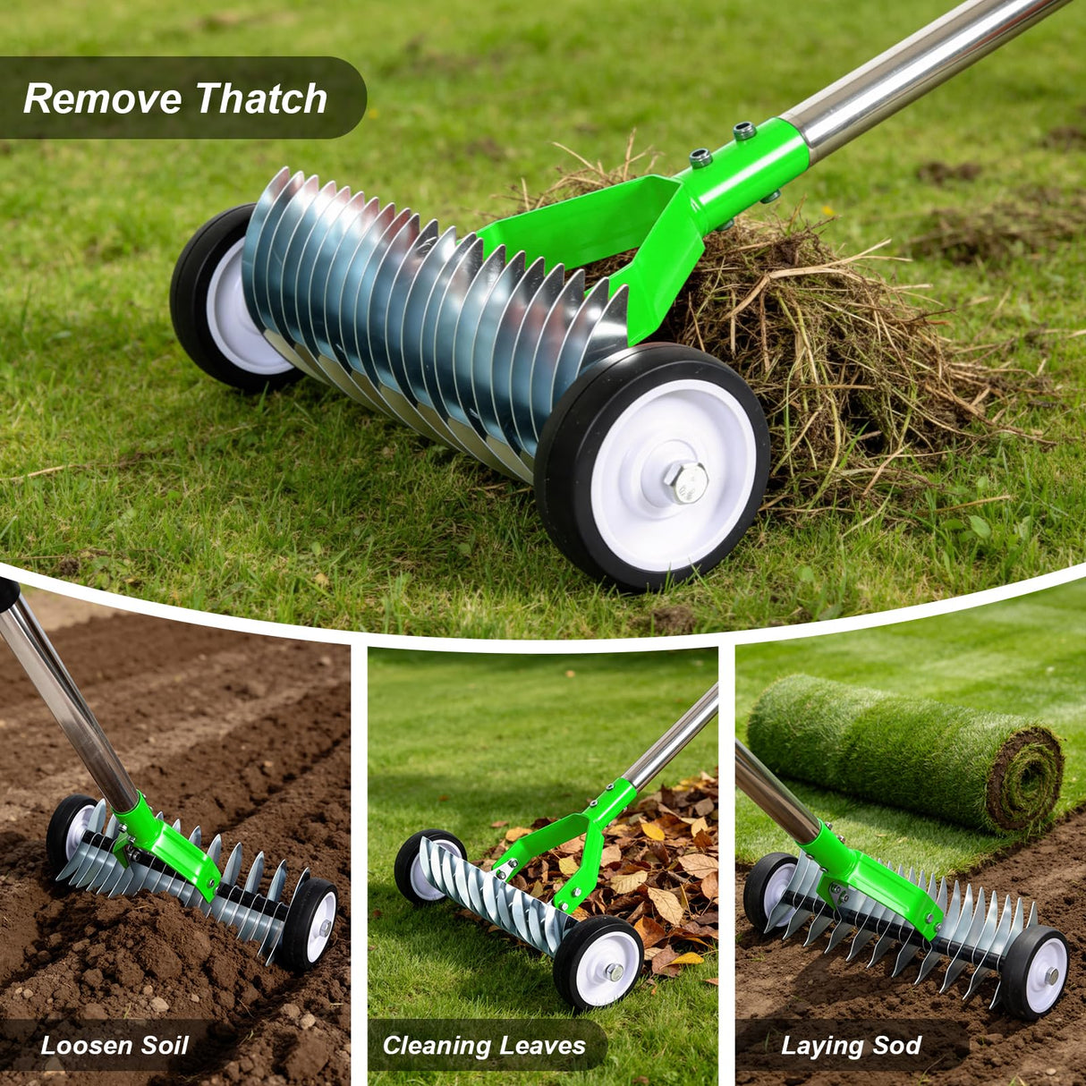 Thatch Rake, Adjustable Garden Rake Head and 38"–65" Handle with Wheels, 21 & 11 Dual-Sided Steel Tines, Heavy-Duty Lawn Dethatching Rake for Grass, Soil Loosening,Landscape and Lawn Care(Green)