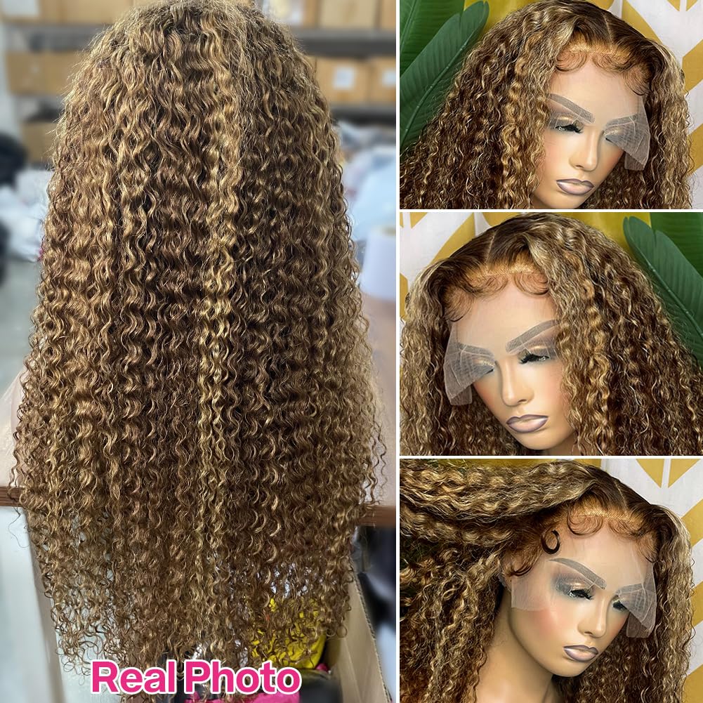 CYNOSURE 4/27 Highlight 13x5 Lace Front Wigs Human Hair Curly Wave Ombre Honey Blonde HD Lace Front wig Human Hair Pre Plucked 180 Density 26 inch Frontal wig Colored