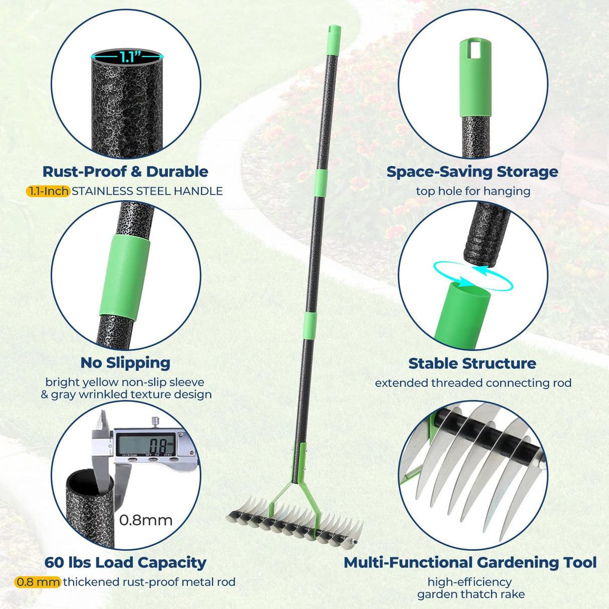 Garden Rake 51" – Dual-Sided Shrub Rake with 13" Sharp Metal Tines, Lightweight Multi-Purpose Yard Tool, Reversible Head for Lawn, Soil, Shrub, Mulch & Leaf Cleanup