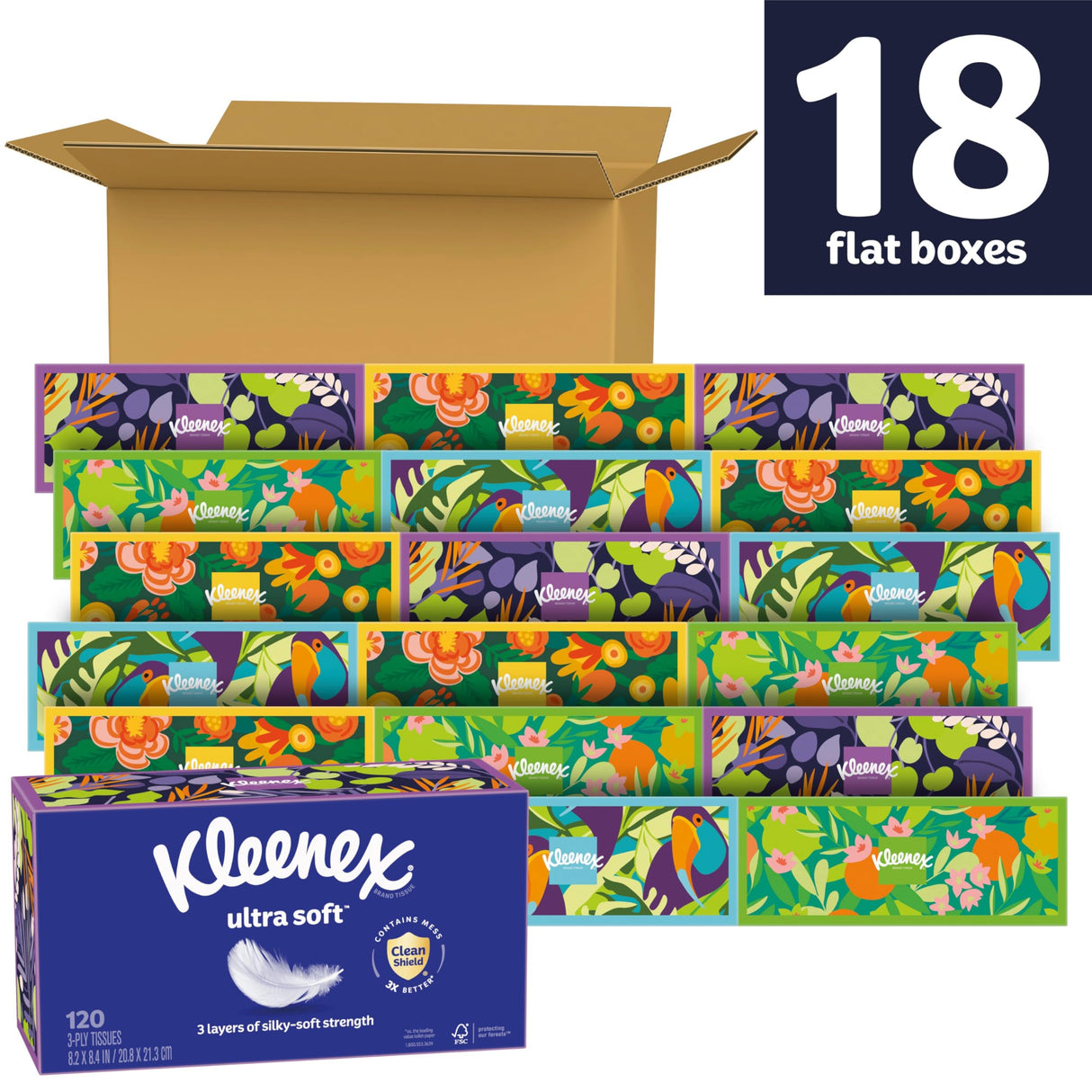 Kleenex Ultra Soft Facial Tissues, 18 Flat Boxes, 120 Tissues per Box, 3-Ply (2,160 Total), Packaging May Vary