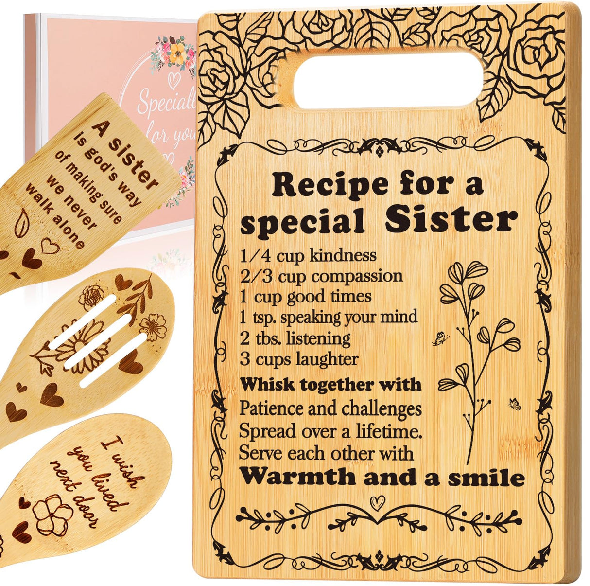Sister Birthday Gifts Cutting Board Set, "Recipe for a Special Sister" Sister Christmas Gifts from Sister Engraved Utensil Sister Gifts for Women, Friendship Gifts for Bestie Best Friend Soul Sister