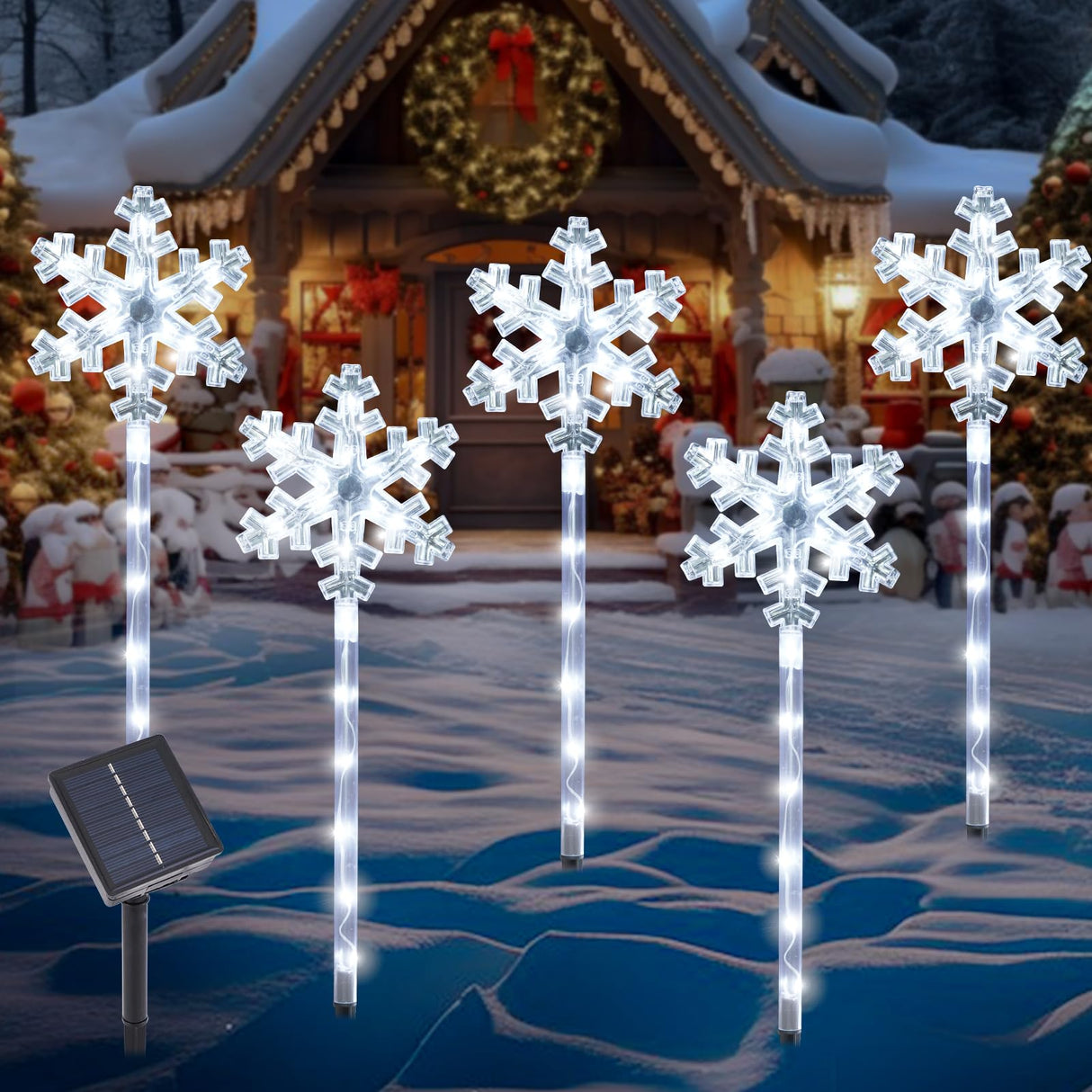 Solar Christmas Snowflake Pathway Lights, Set of 5 Outdoor Garden Lights Decorations,Waterproof Stake Decorative Light for Yard Lawn Porch Walkway Decor (Cool White, 5 Pack)