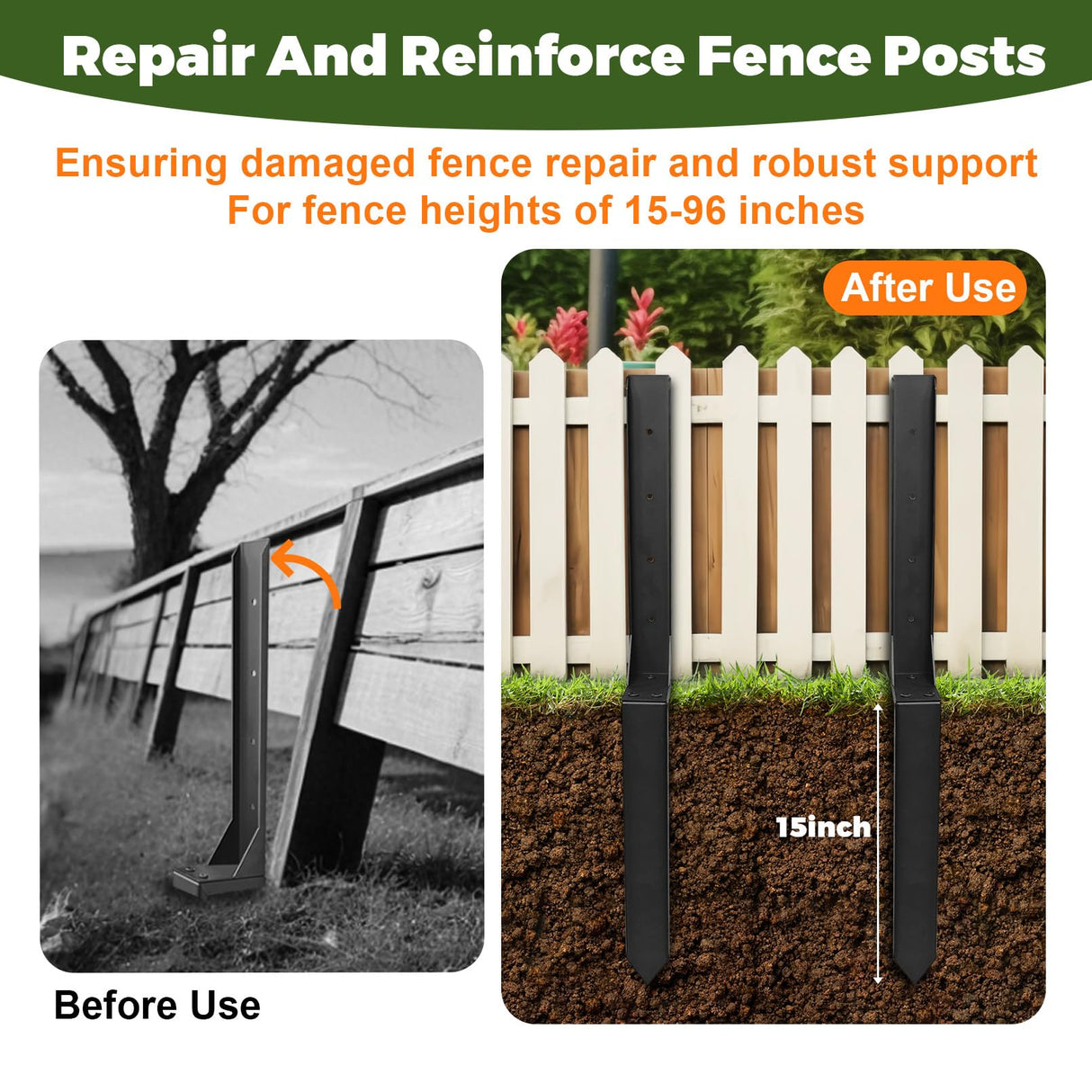 Fence Post Repair Kit, Thickened Heavy Duty Fence Post Anchor Stakes for Repair Tilted, Broken Wood Posts Support (Black, 2 Pack)