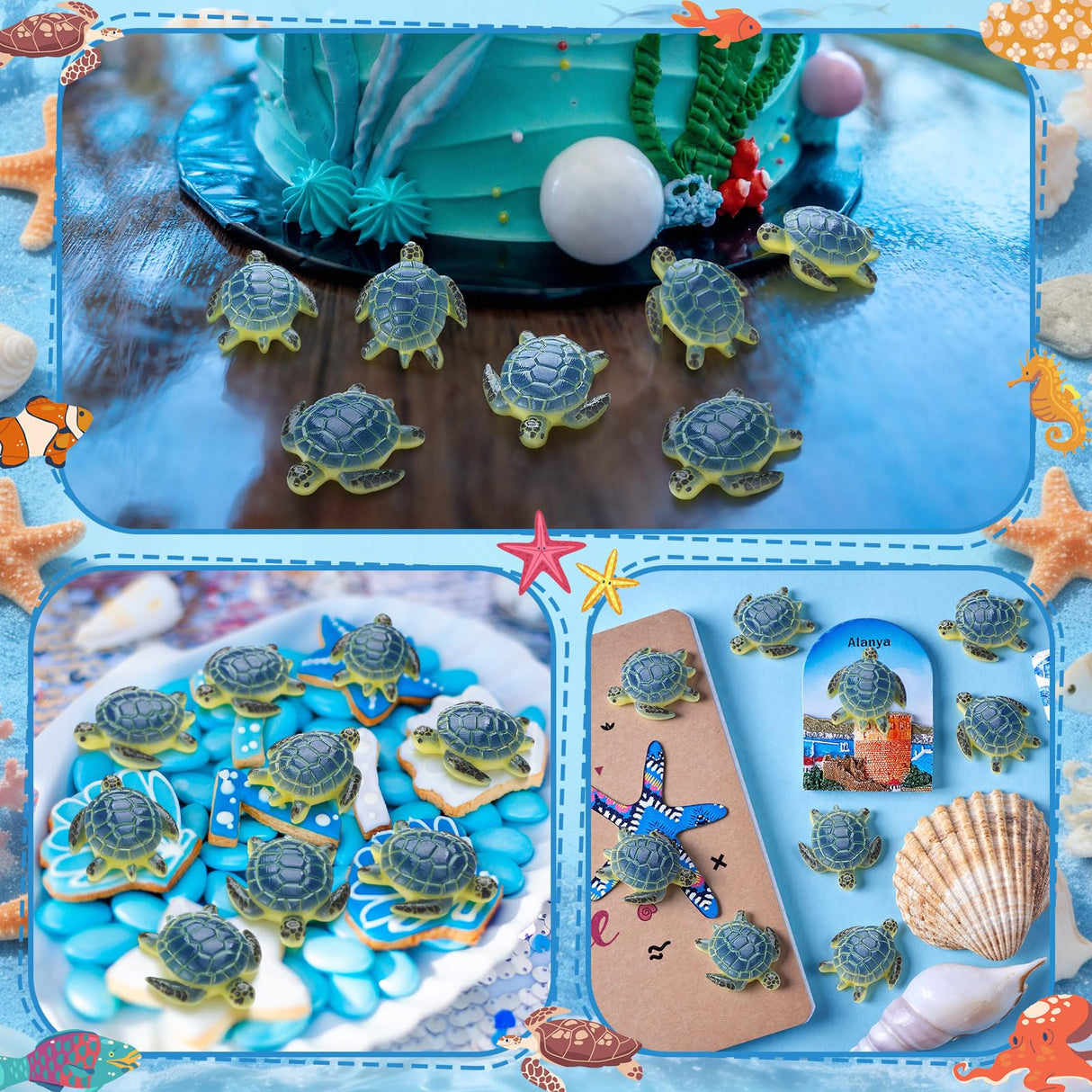 Yerliker 100 Pcs Mini Sea Turtle Figurines Resin Ocean Sea Animals Figures Turtle Lover Gifts Realistic Micro Landscape Decor for Garden, DIY Craft, Coastal Beach Party Favor (Blue)