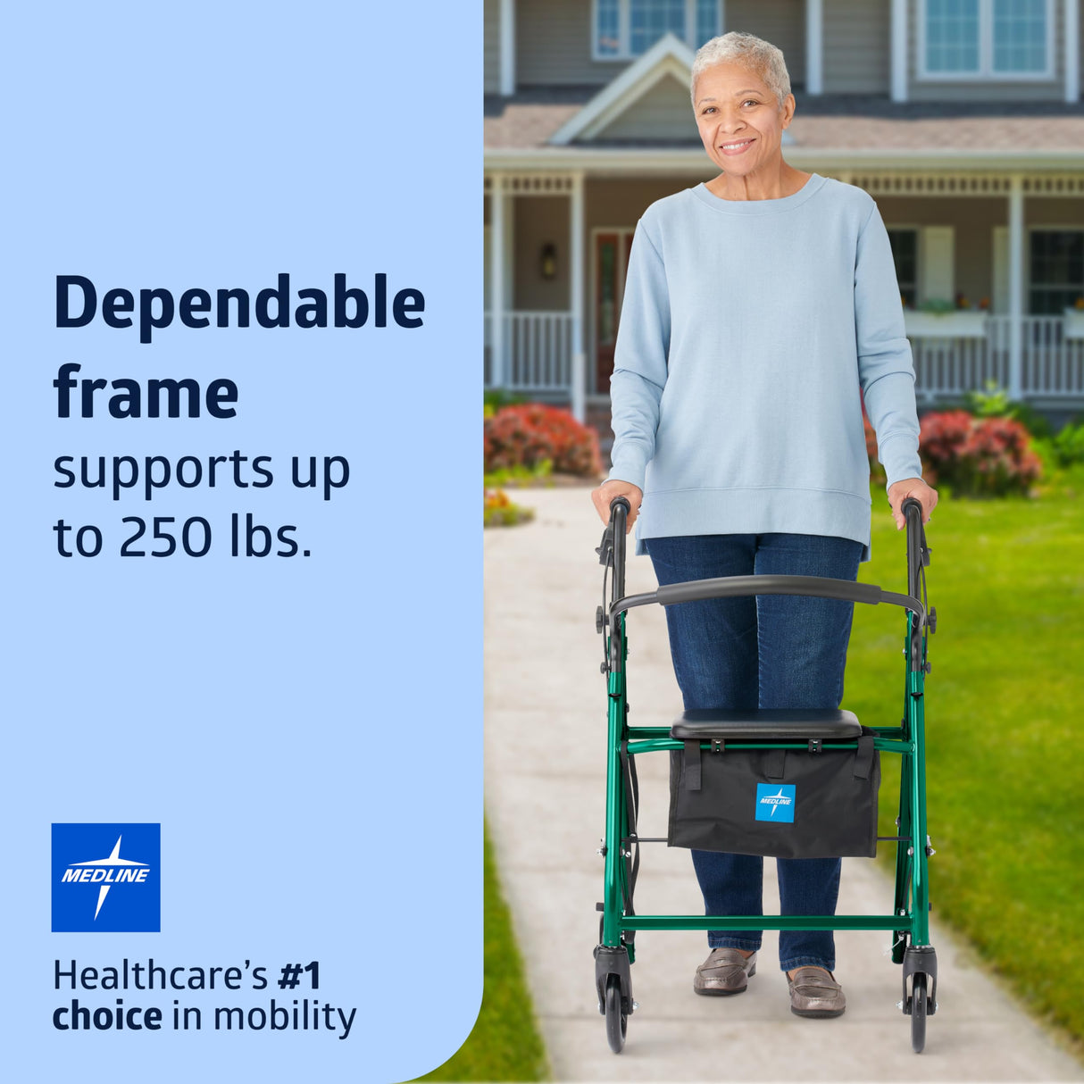 Medline Aluminum Rollator Walker with Seat, Green, 250 Lb. Weight Capacity, Lightweight, 6” Wheels, Foldable, Adjustable Handles, Rolling Walker for Seniors