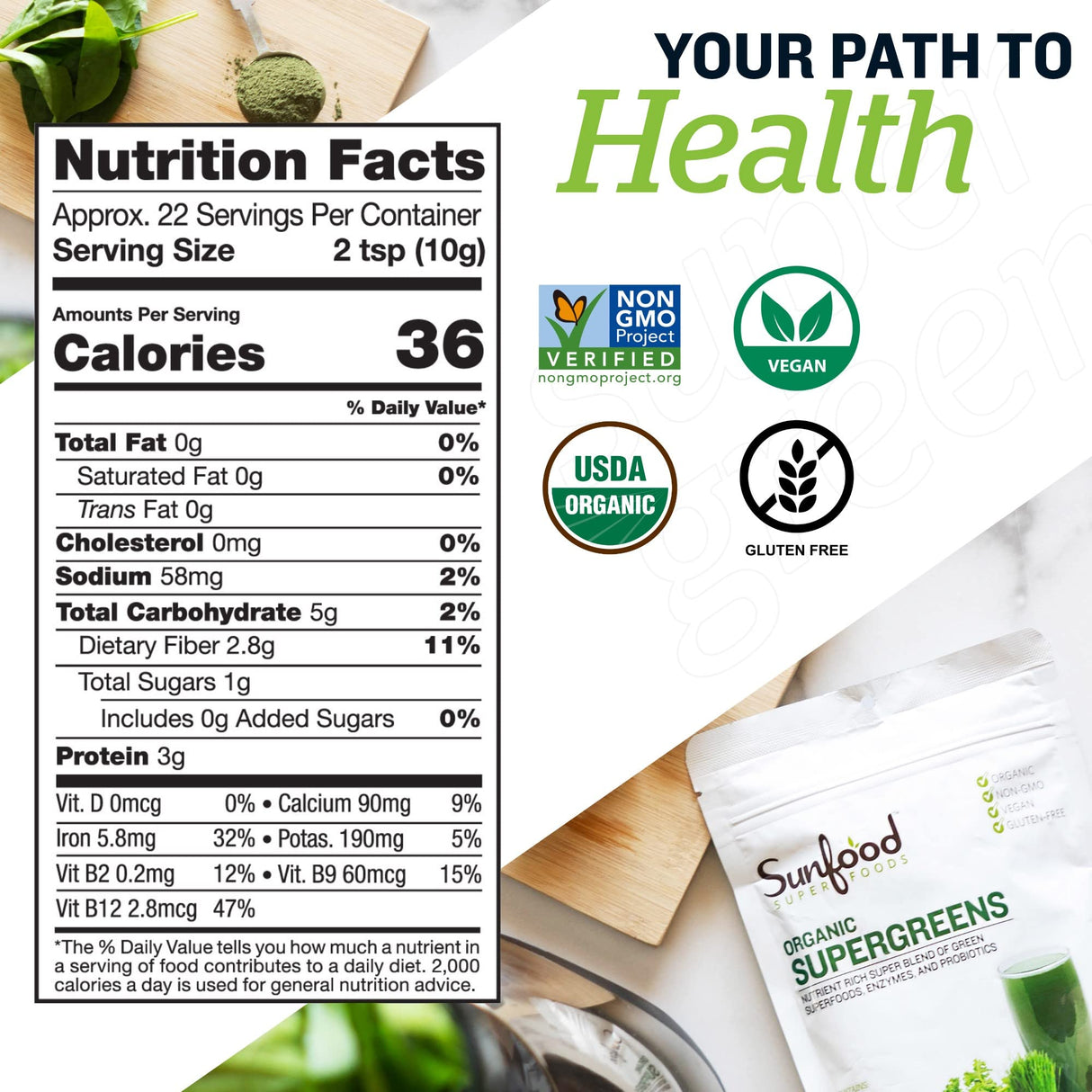 Sunfood Supergreens - Greens Superfood Powder, Super Greens Powder, Organic Greens Blend, Daily Green Juice Powder, Vegetable Smoothie Drink Mix for Gut Health with Chlorella & Spirulina - 8 oz Bag