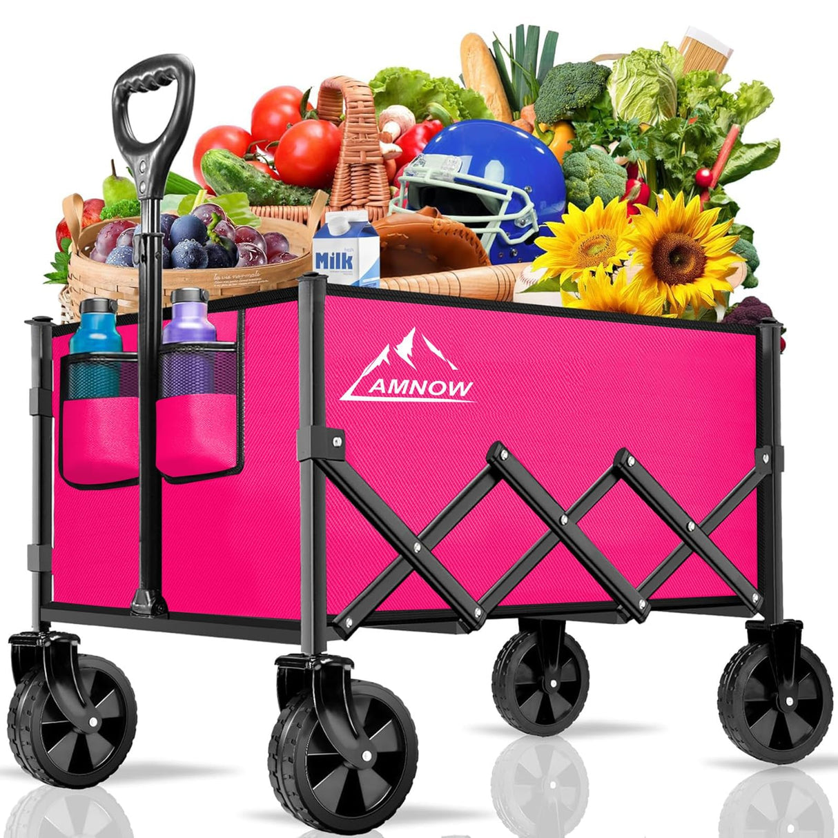 AMNOW 100L Collapsible Wagon Cart with All Terrain Wheels, 350LBS, Rose