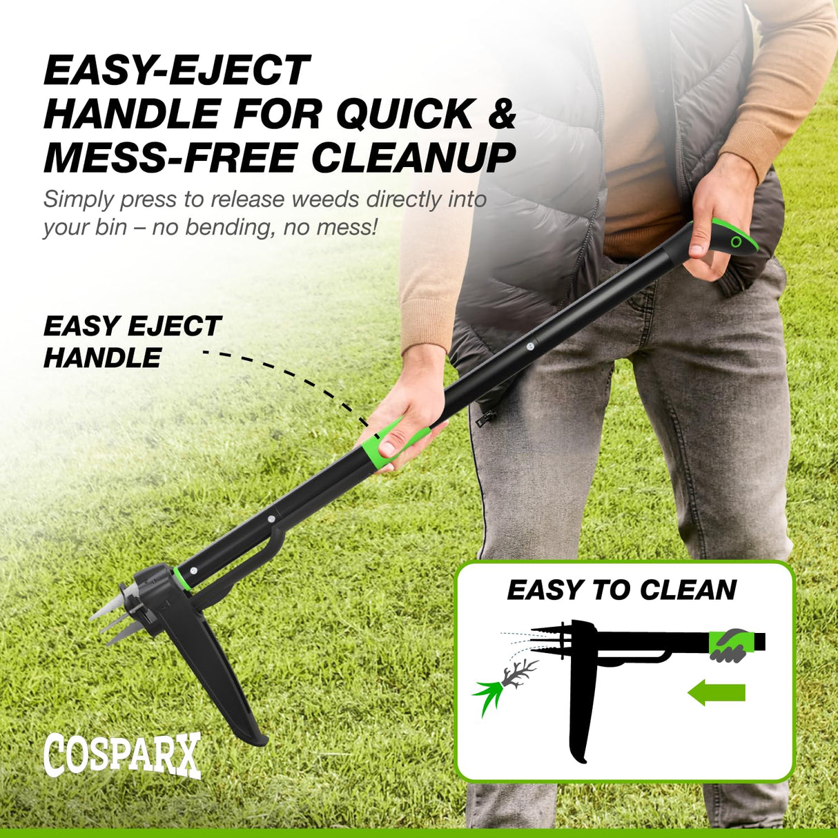 COSPARX Weed Puller Tool with Long 43” Handle, No Bending, Easy Eject – Removes Weeds Effortlessly, Sturdy Foot Pedal & Lightweight Aluminum - 4-Claw Hand Weeding Tool