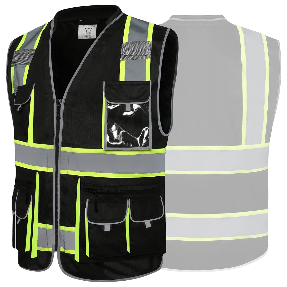 JKSafety 10 Pockets Hi-Vis Zipper Front Black Safety Vest | Cushioned Collar | High Reflective Tapes with Extended Neon Yellow Strips | Meets ANSI/ISEA Standards (Large, 89-Black)