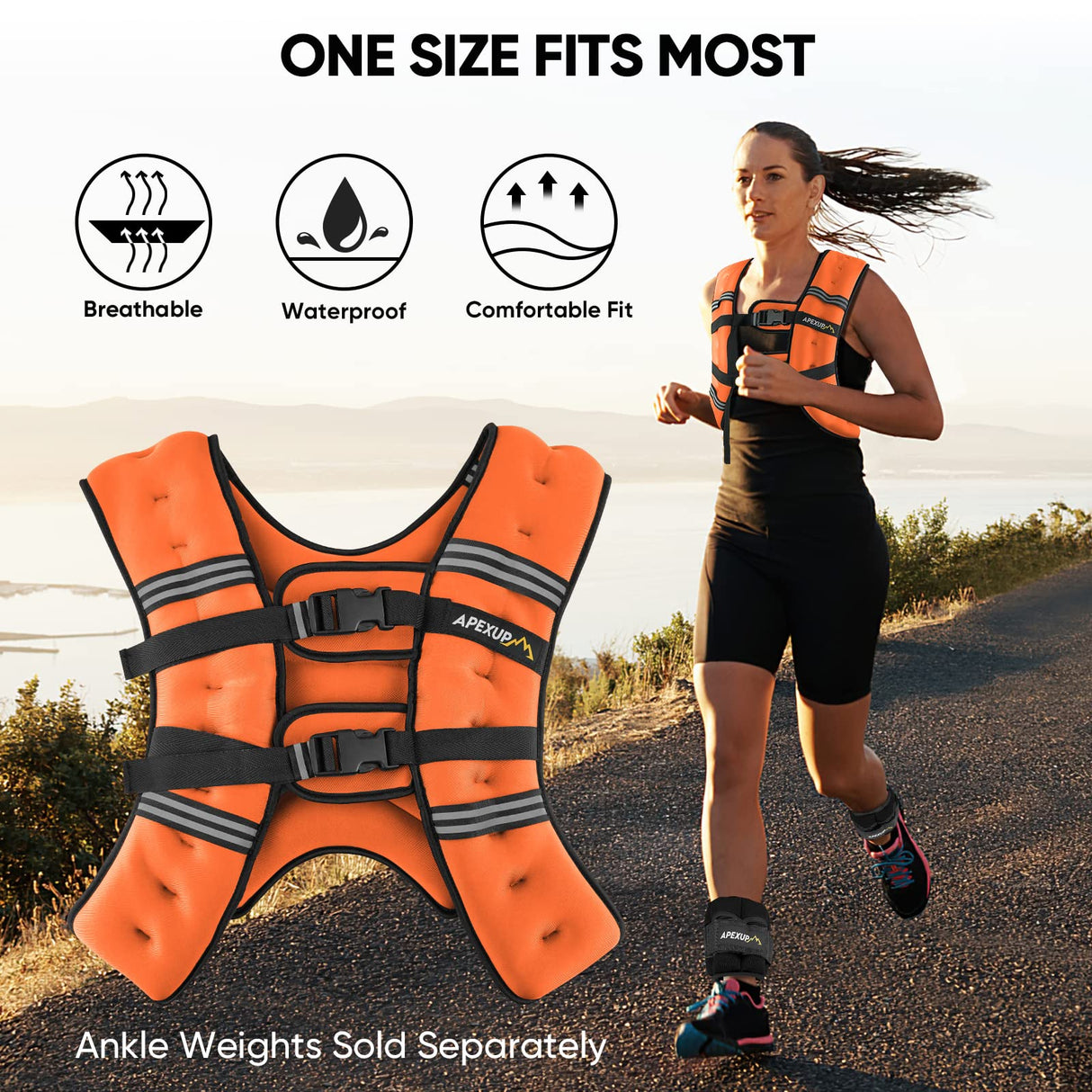 APEXUP Weighted Vest with 5lbs/10lbs/15lbs/20lbs/25lbs/30lbs Weights and Reflective Stripe, Weight Vest Men Women for Workout, Strength Training, Running (Orange, 30lbs)