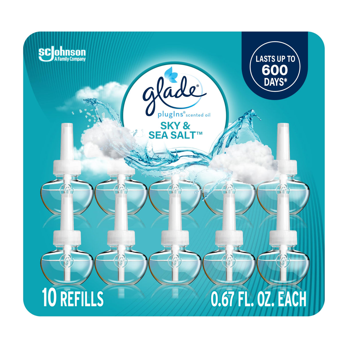 Glade PlugIns Refills Air Freshener, Sky & Sea Salt, Scented and Essential Oils for Home and Bathroom, 0.67 Fl Oz, 10 Count