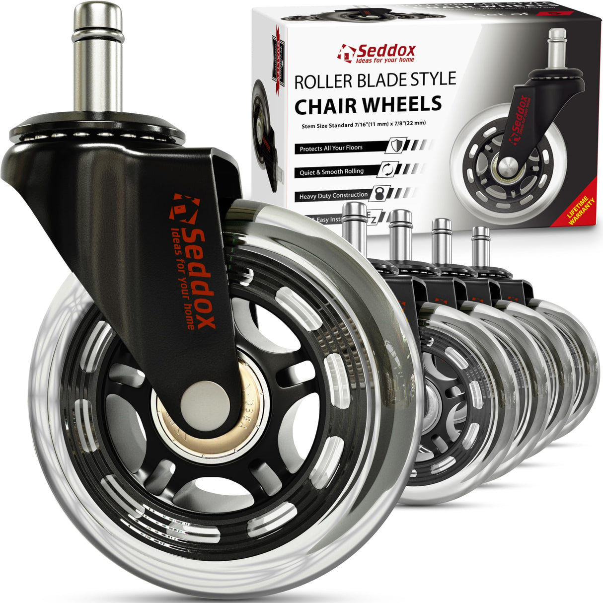 SEDDOX Office Chair Wheels Replacement Set of 5 - Desk Chair Casters for Hardwood & Carpet - Heavy Duty & Safe for All Floors - Universal Fit for Most Computer Gaming & Office Chairs - 3 Inch