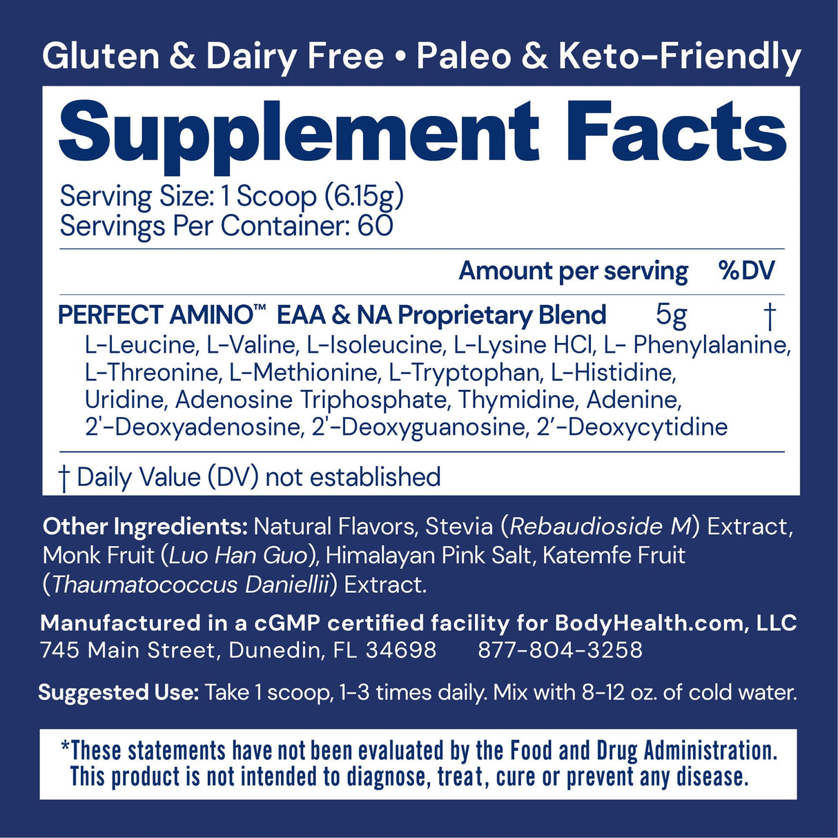 BodyHealth PerfectAmino Powder - BCAA and EAA Powder for Pre and Post Workout - Amino Acid Energy Drink for Men and Women to Support Lean Muscle and Recovery - Chocolate - 60 Servings