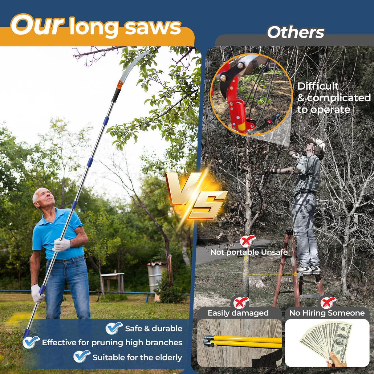 13FT Pole Saws for Tree Trimming with Sharp Pruning Blade | Comfort Grip & 28mm Stainless Steel Tree Trimmer Pole for Yard Garden and Patios High Branches Cutting