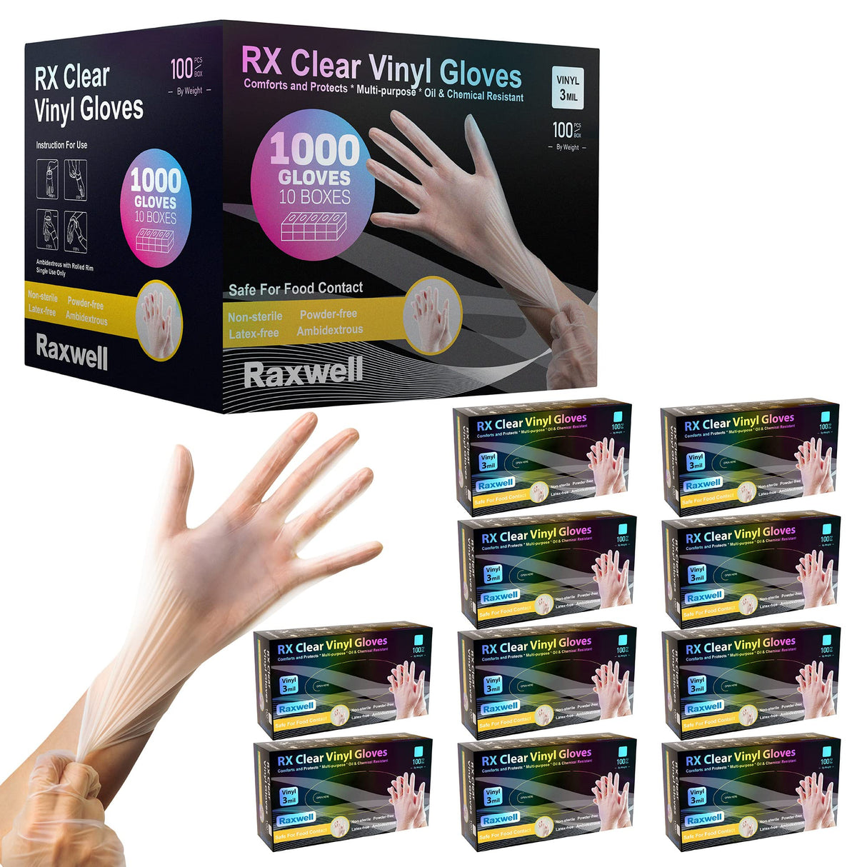 Raxwell Disposable Vinyl Gloves - Powder-Free & Latex-Free Food Prep Gloves - Oil- & Tear-Resistant for Kitchen Use - Ambidextrous Fit for Food Service & Cleaning - Small, Clear, 1000 Count