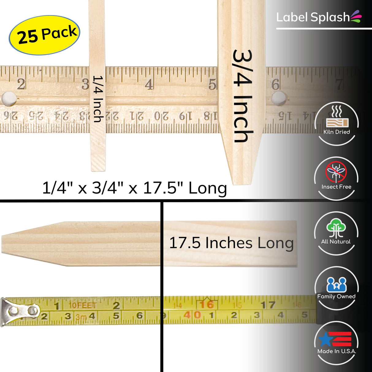25 Pack Wooden Garden Stakes, 17.5" Long x 3/4" Wide, Made in USA Pine Plant Markers, Chisel Point Yard Stakes for Gardening, Landscaping, Row Labels, Signs & Crafts