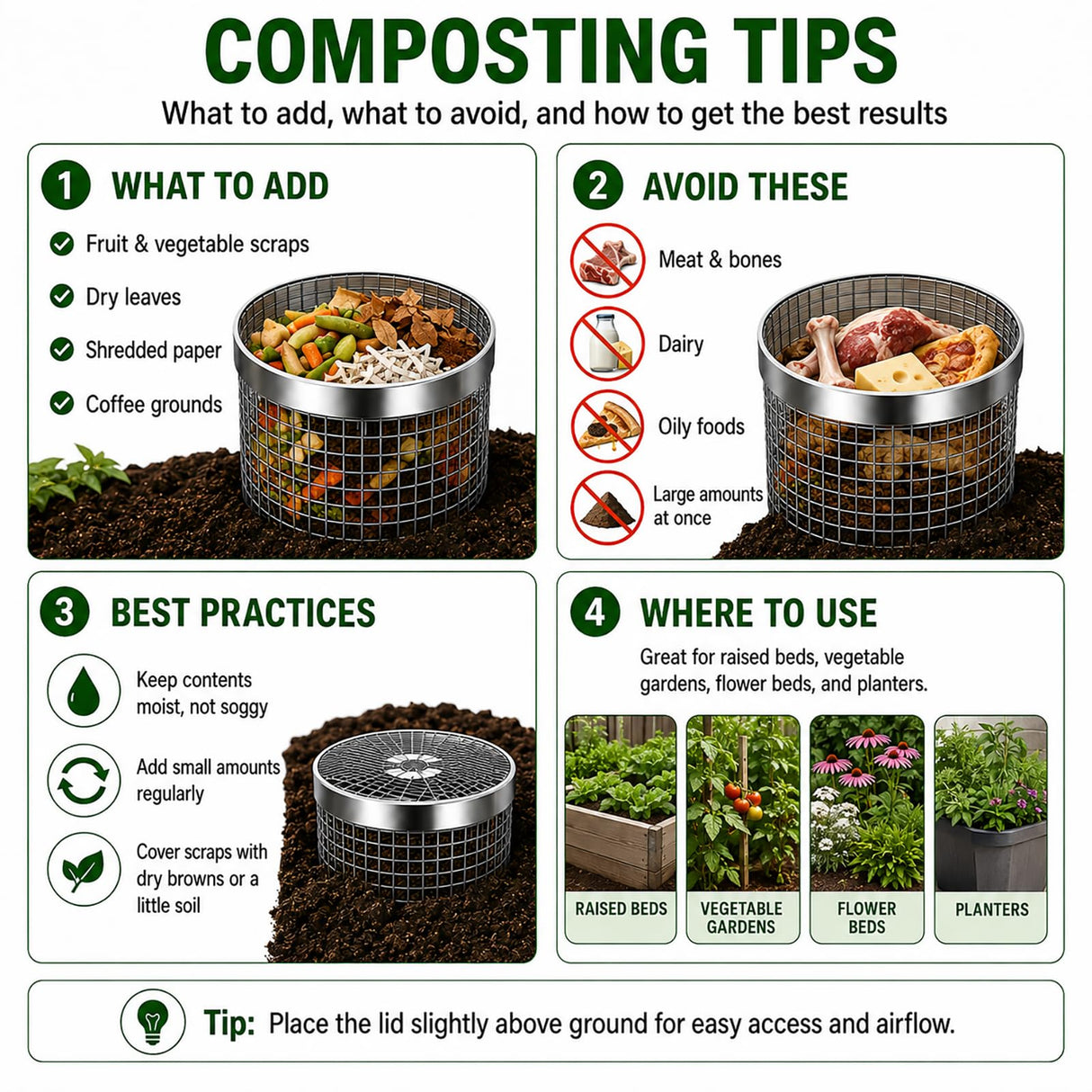 4PCS Inground Worm Composting Bin Turn Food Waste into Nutrient-Rich Soil Increase Soil Fertility Stainless Steel Composting Bin with Holes and Lid for Outdoor Garden Vegetable Patch Backyard