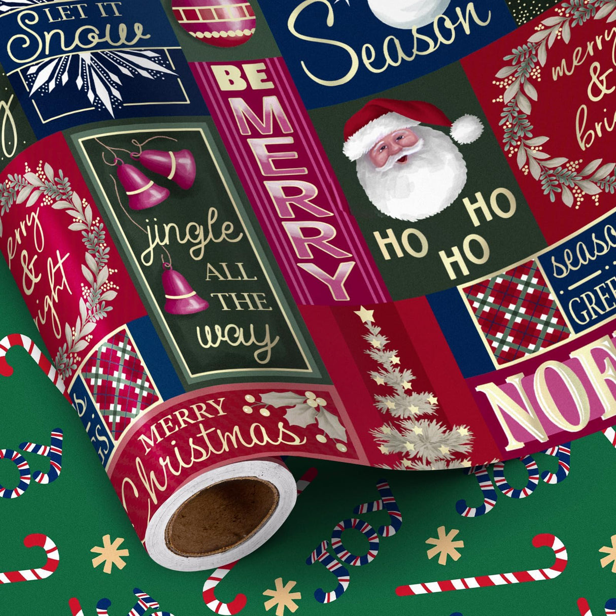 RUSPEPA 30" X 32.8' Reversible Christmas Wrapping Paper Large Paper Roll, Jumbo Roll, Santa Claus, Snowman and Candy Cane Design Gift Wrap for Kids, Friends, Family, Xmas Holiday Gifts