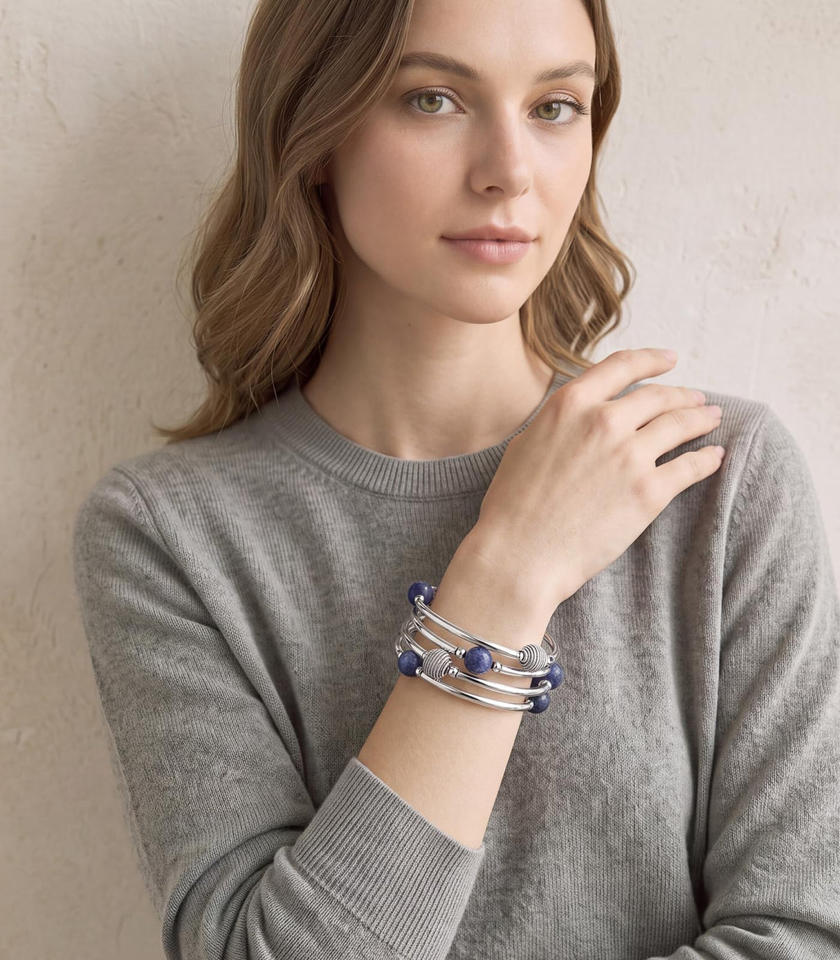 PEARL&CLUB Beaded Chakra Bangle Turquoise Bracelet - Fashion Jewelry Wrap Bracelet with Thick Silver Metal and Mala Beads, Birthday Gifts For Women(63-Navy Blue)