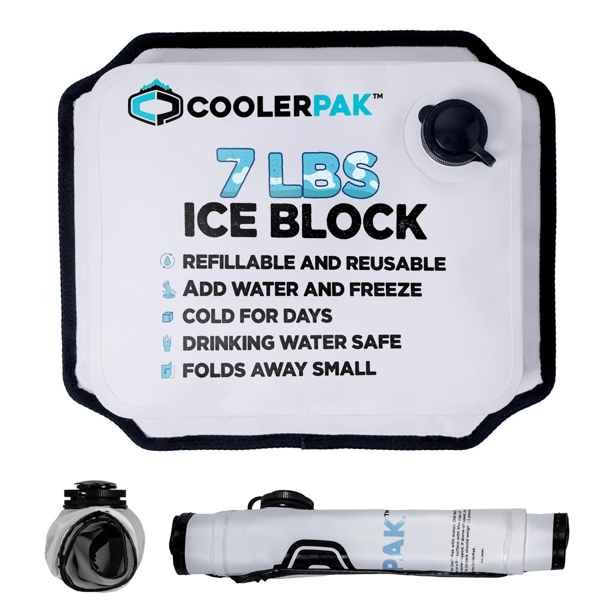 CoolerPak 7lb Refillable Reusable Ice Pack – Hook & Loop Fastener - Cold for Days – Non-Toxic, Leakproof, Suitable for Potable Drinking Water & Cold Plunge – Built Tough, Roll Up for Easy Storage
