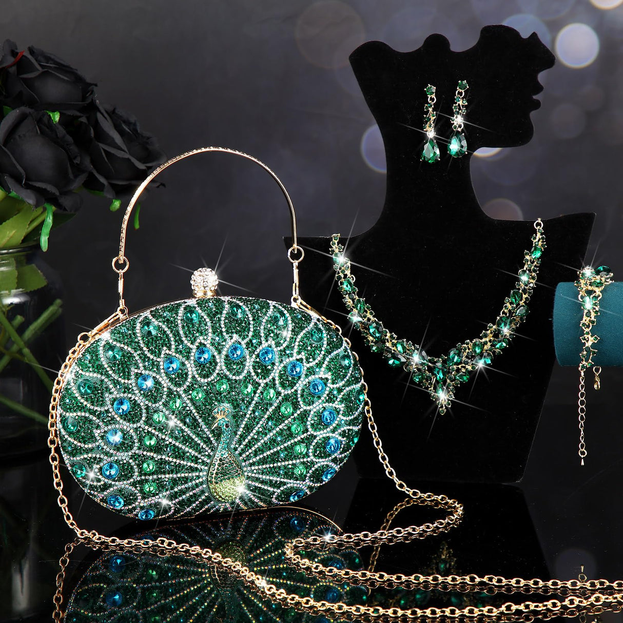 Quelay 4 Pcs Purse Rhinestone Jewelry Set Women,Classic,Peacock Green