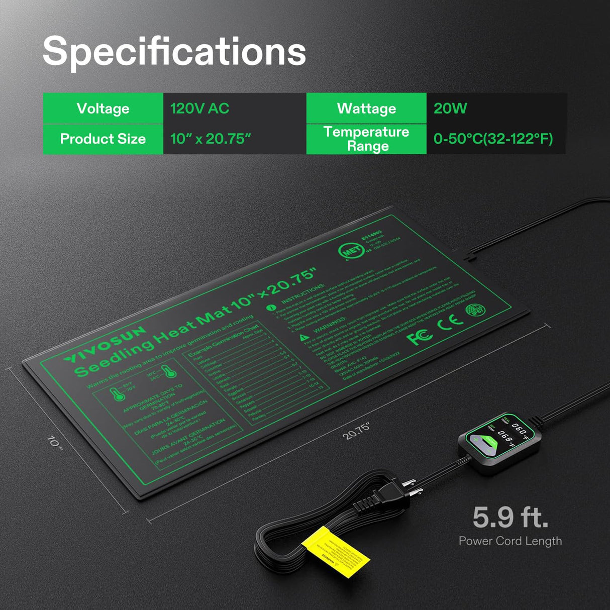 VIVOSUN 10"x20.75" Seedling Heat Mat with Built-in Temperature Controller, UL & MET-Certified Waterproof Plant Heating Pad for Germination, Hydroponics, Brewing, Breeding, and Greenhouses