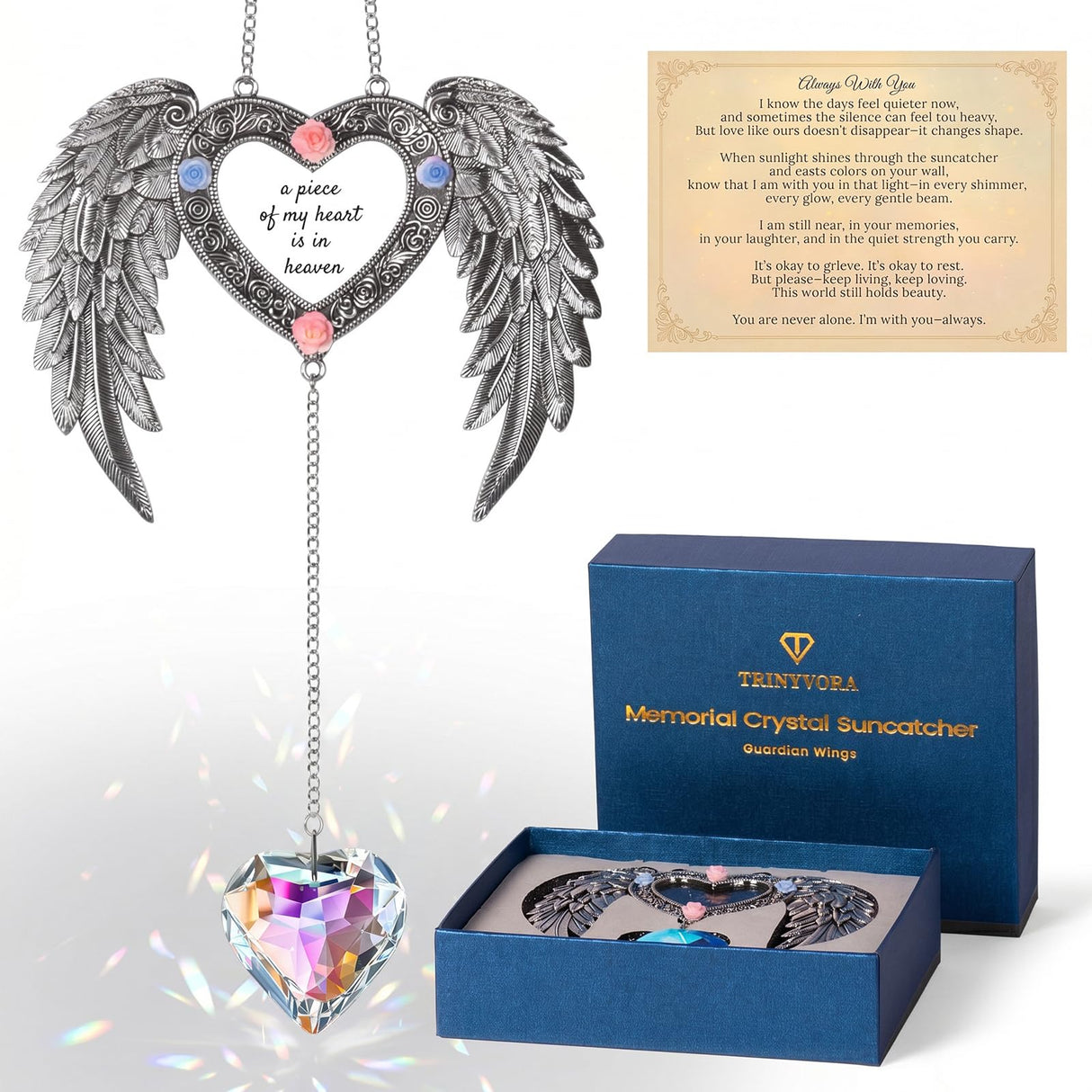Sun Catcher Memorial Gifts A Piece of My Heart is in Heaven,Heavenly Wings Sympathy Gift for Loss of Loved One, Crystal Suncatcher for Windows, Bereavement & Grief Gift for Women, Remembrance Decor