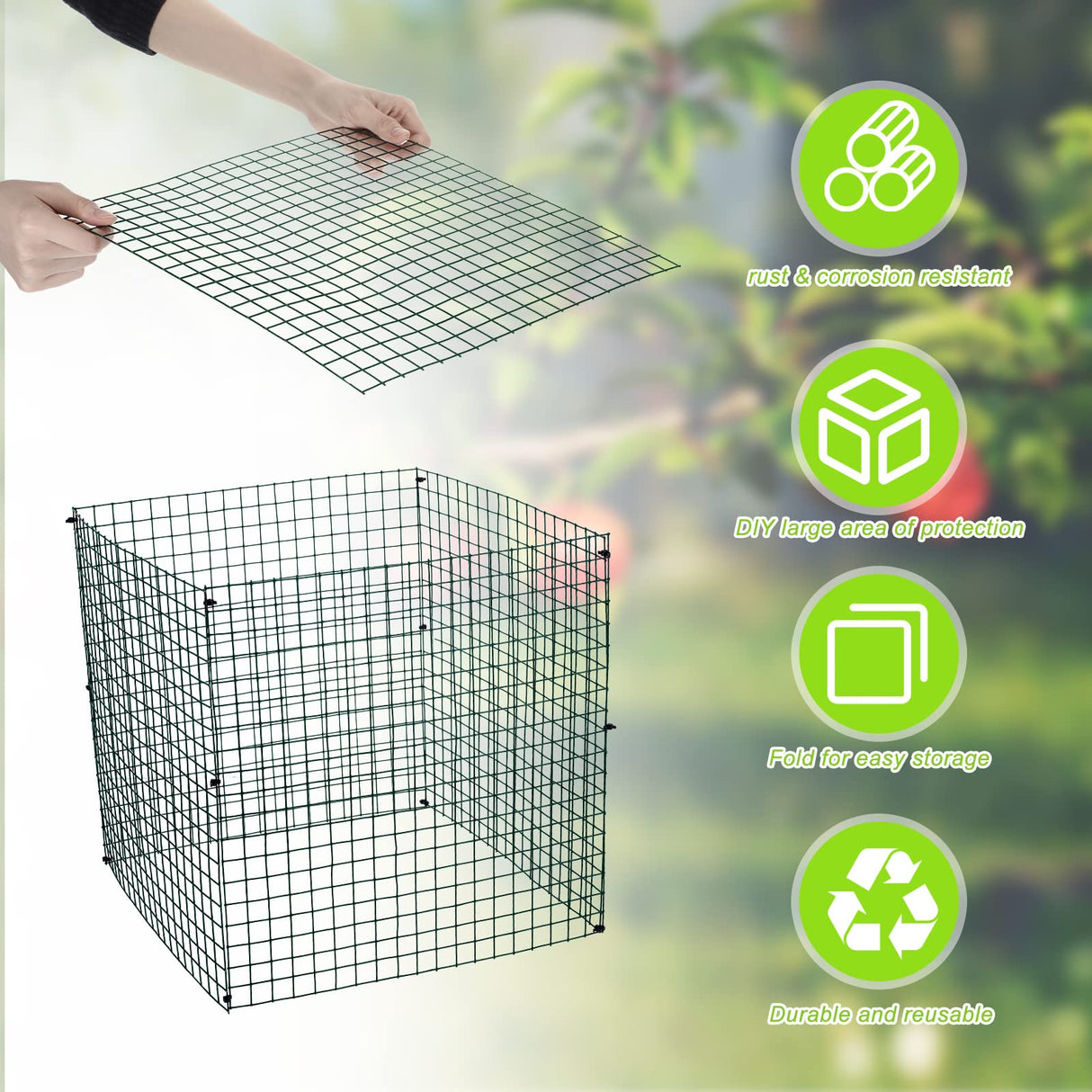 Zubebe 10 Pack Small Wire Plant Protectors Square Plant Protectors from Animals Mesh Cage Chicken Wire Cloche for Shrubs with Ground Stakes and Nylon Ties(Thickness 1mm,Dark Green)