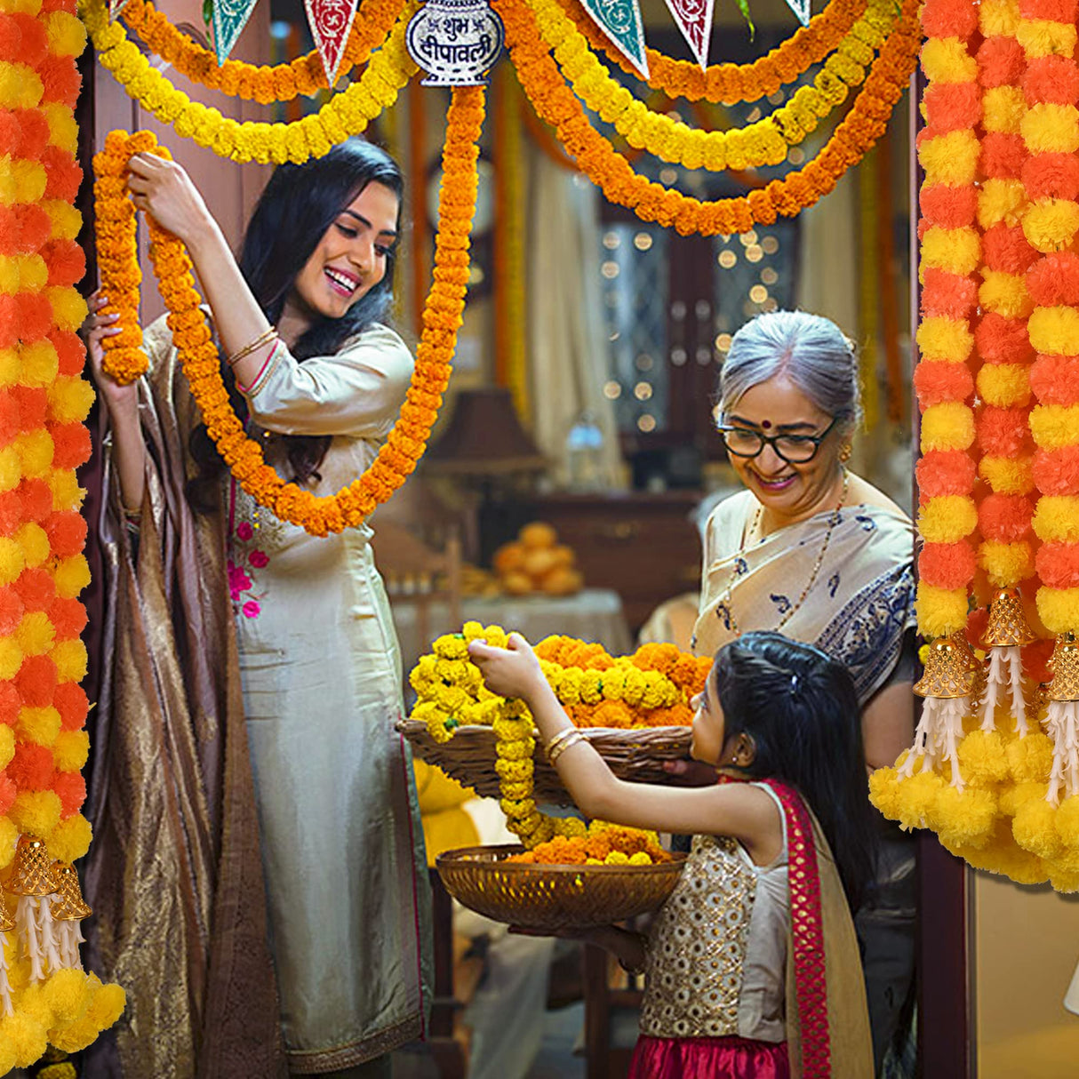 DIYANA IMPEX Marigold Garland for Decoration 5 Pcs of 5 feet Long Strands Artificial Marigold Flowers with Bell, Indian Décor for Pooja/Diwali Decorations/Christmas (Orange + Yellow)