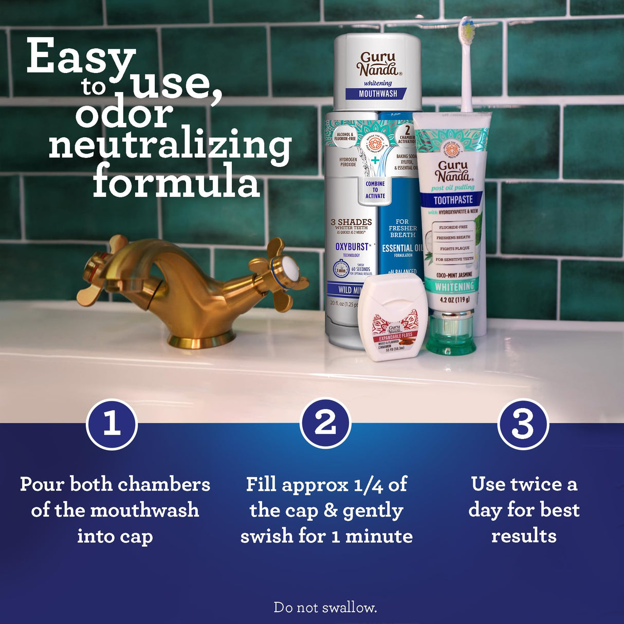 GuruNanda Teeth Whitening Dual Barrel Oxyburst Mouthwash - Alcohol & Fluoride Free, Hydrogen Peroxide to Promote Whiter Teeth - Wild Mint - 3x20 Fl Oz